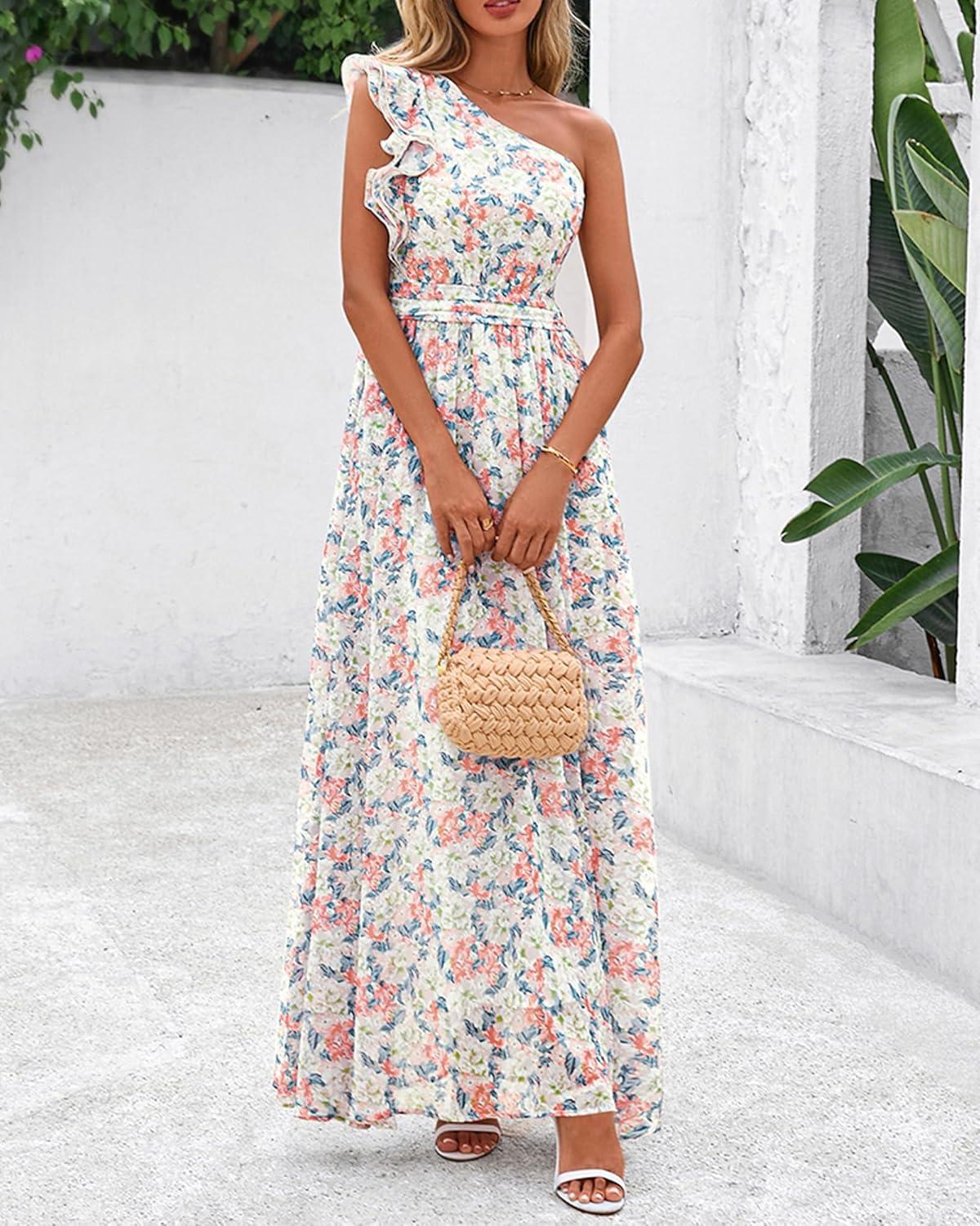 imageBTFBM Women Summer One Shoulder Floral Wedding Guest Dresses Sleeveless Smocked Ruffle Flowy Beach Vacation Maxi DressFloral Apricot