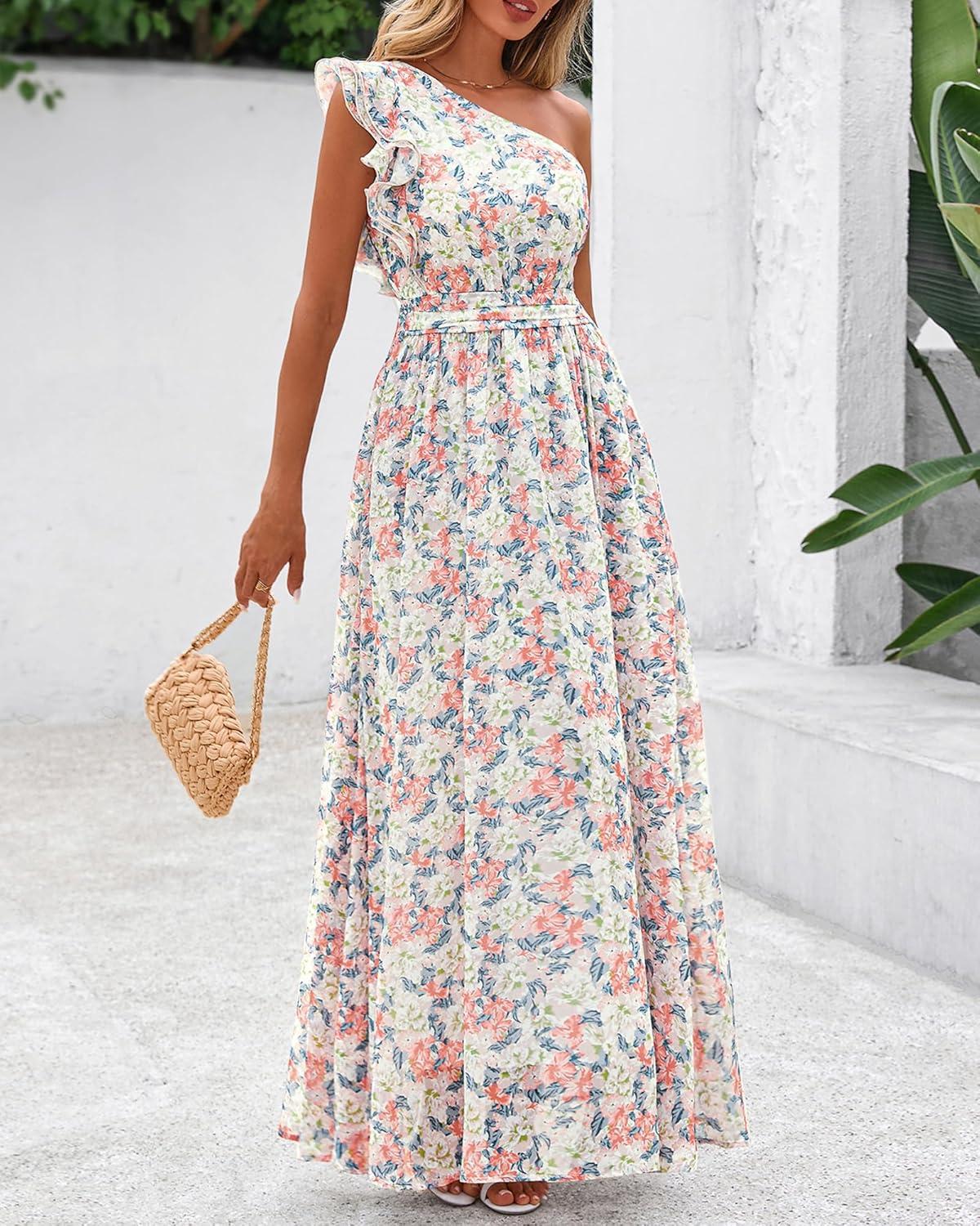 imageBTFBM Women Summer One Shoulder Floral Wedding Guest Dresses Sleeveless Smocked Ruffle Flowy Beach Vacation Maxi DressFloral Apricot