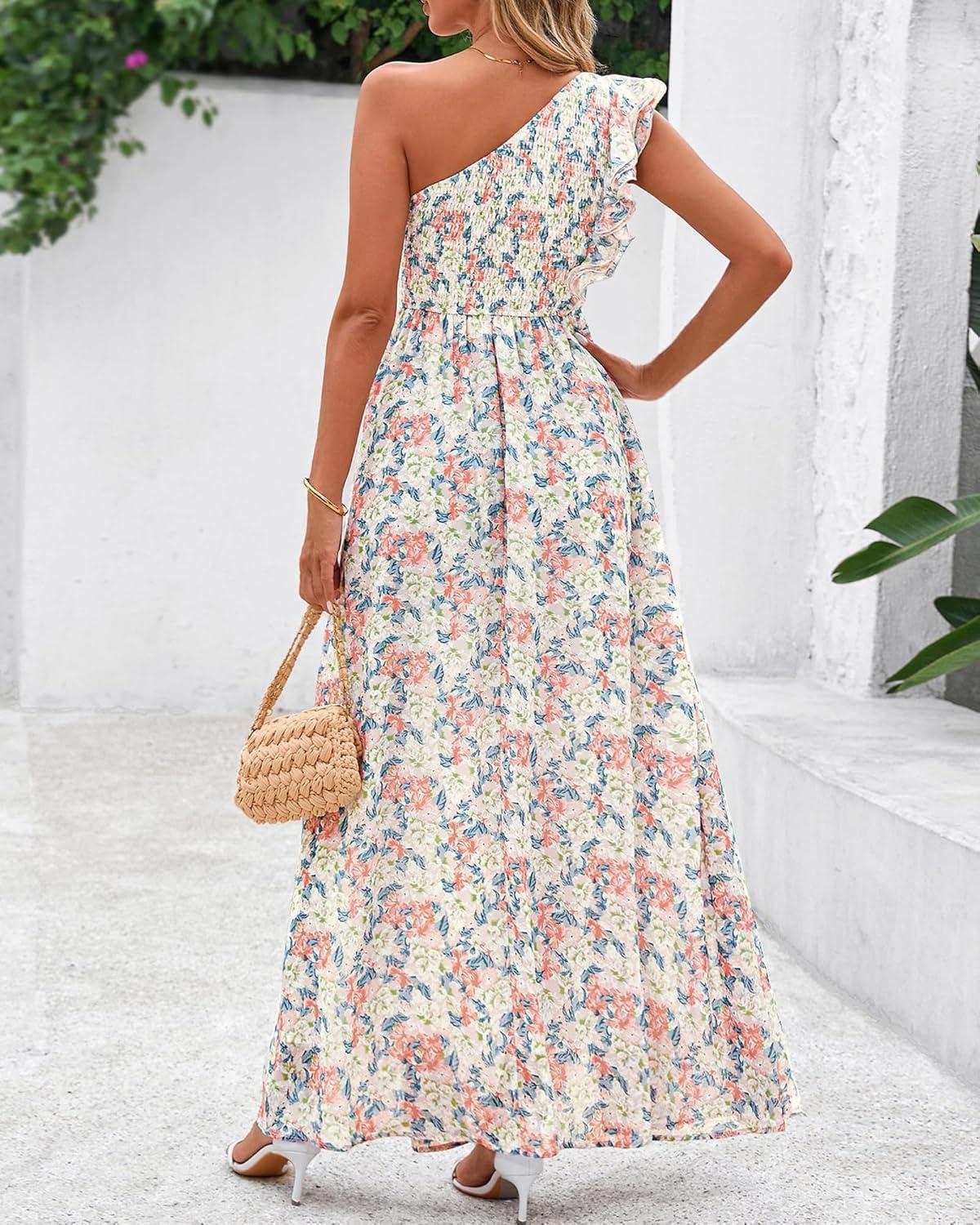 imageBTFBM Women Summer One Shoulder Floral Wedding Guest Dresses Sleeveless Smocked Ruffle Flowy Beach Vacation Maxi DressFloral Apricot