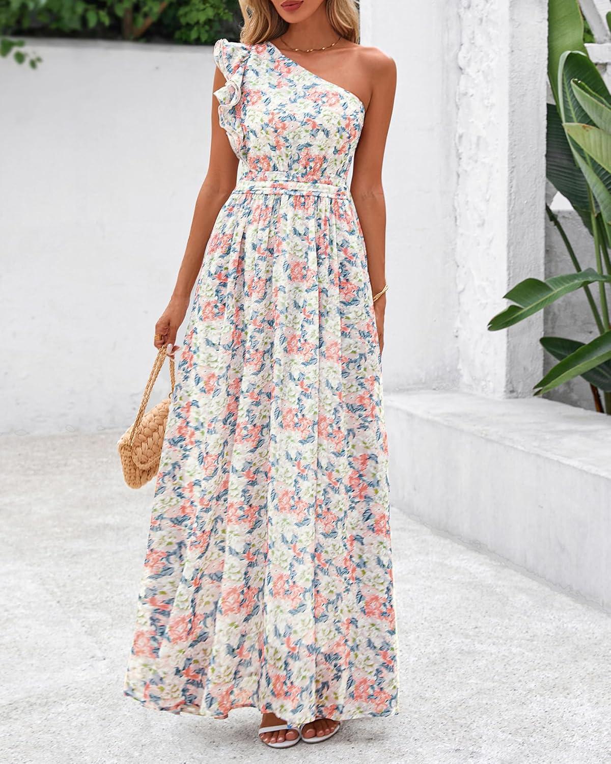 imageBTFBM Women Summer One Shoulder Floral Wedding Guest Dresses Sleeveless Smocked Ruffle Flowy Beach Vacation Maxi DressFloral Apricot
