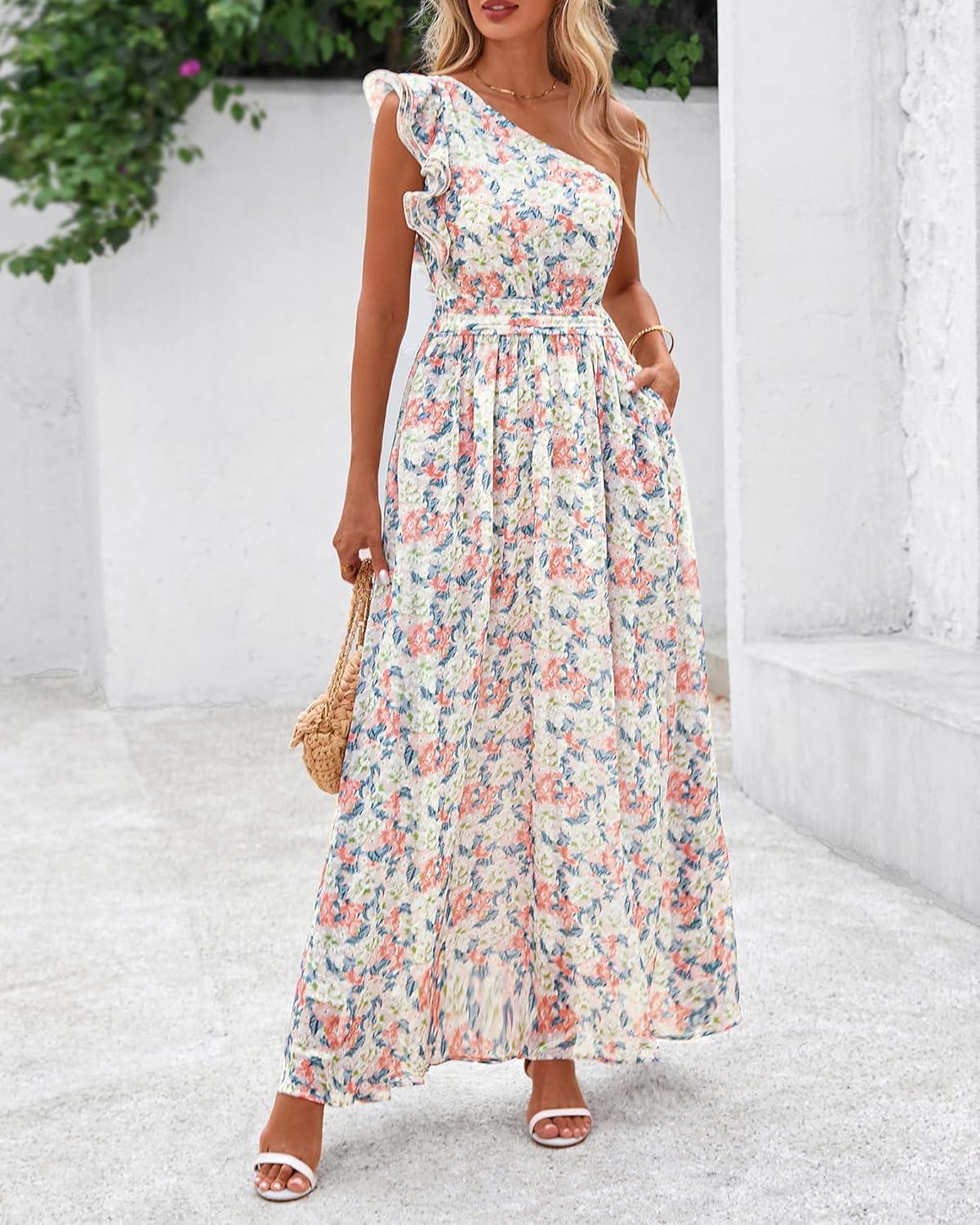 imageBTFBM Women Summer One Shoulder Floral Wedding Guest Dresses Sleeveless Smocked Ruffle Flowy Beach Vacation Maxi DressFloral Apricot