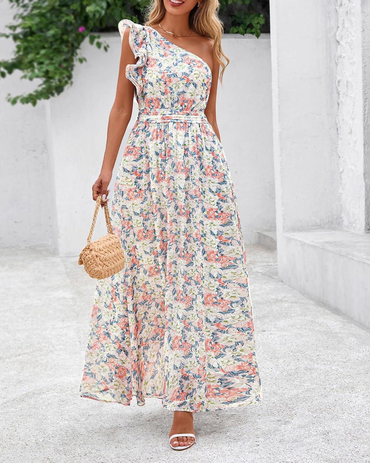 imageBTFBM Women Summer One Shoulder Floral Wedding Guest Dresses Sleeveless Smocked Ruffle Flowy Beach Vacation Maxi DressFloral Apricot