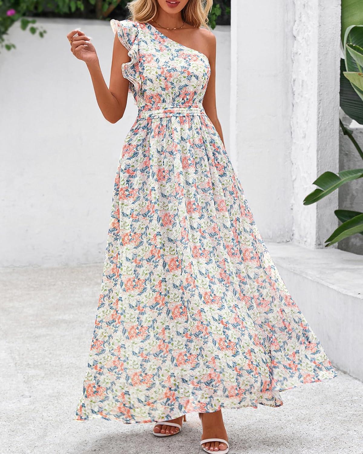imageBTFBM Women Summer One Shoulder Floral Wedding Guest Dresses Sleeveless Smocked Ruffle Flowy Beach Vacation Maxi DressFloral Apricot