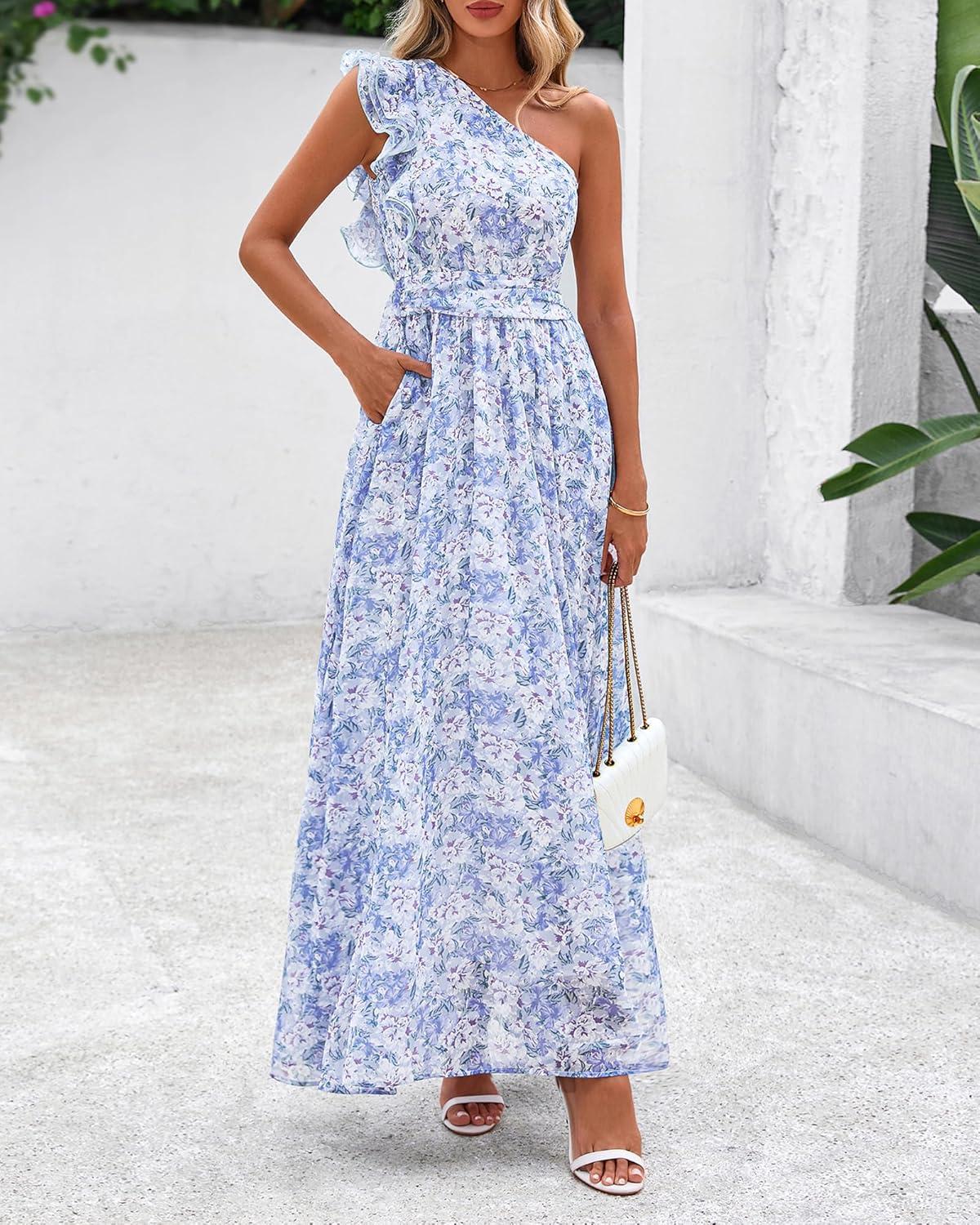 imageBTFBM Women Summer One Shoulder Floral Wedding Guest Dresses Sleeveless Smocked Ruffle Flowy Beach Vacation Maxi DressFloral Blue