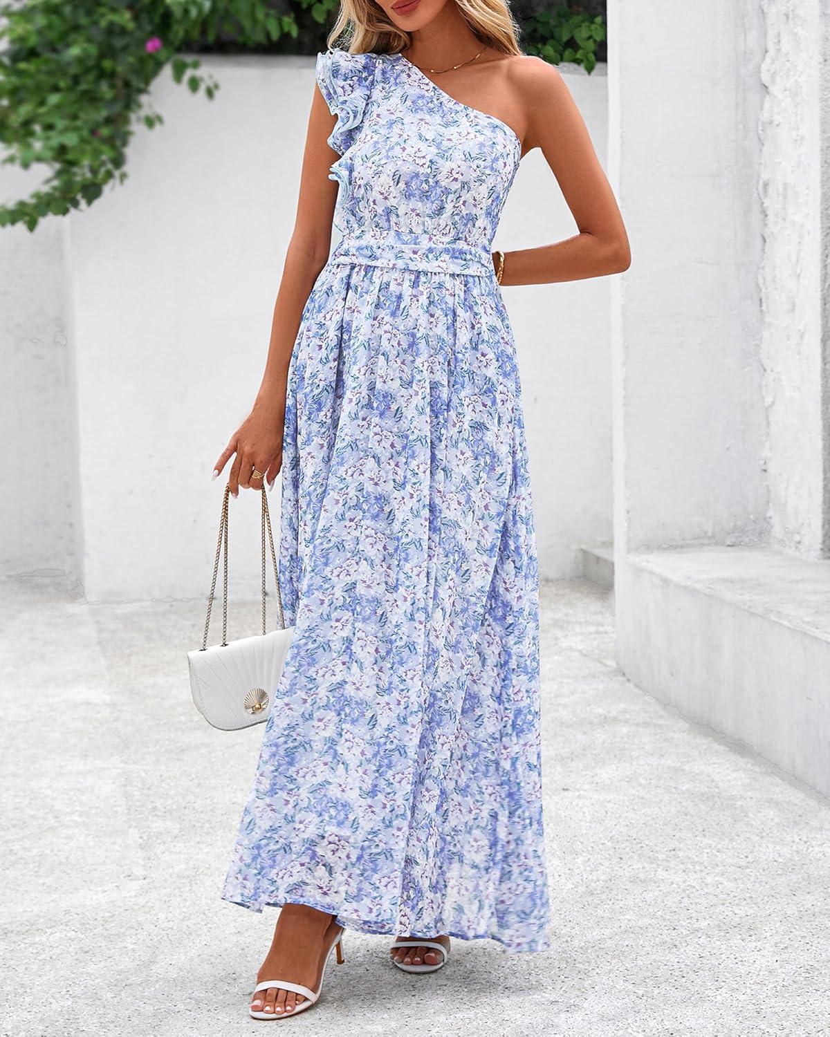 imageBTFBM Women Summer One Shoulder Floral Wedding Guest Dresses Sleeveless Smocked Ruffle Flowy Beach Vacation Maxi DressFloral Blue