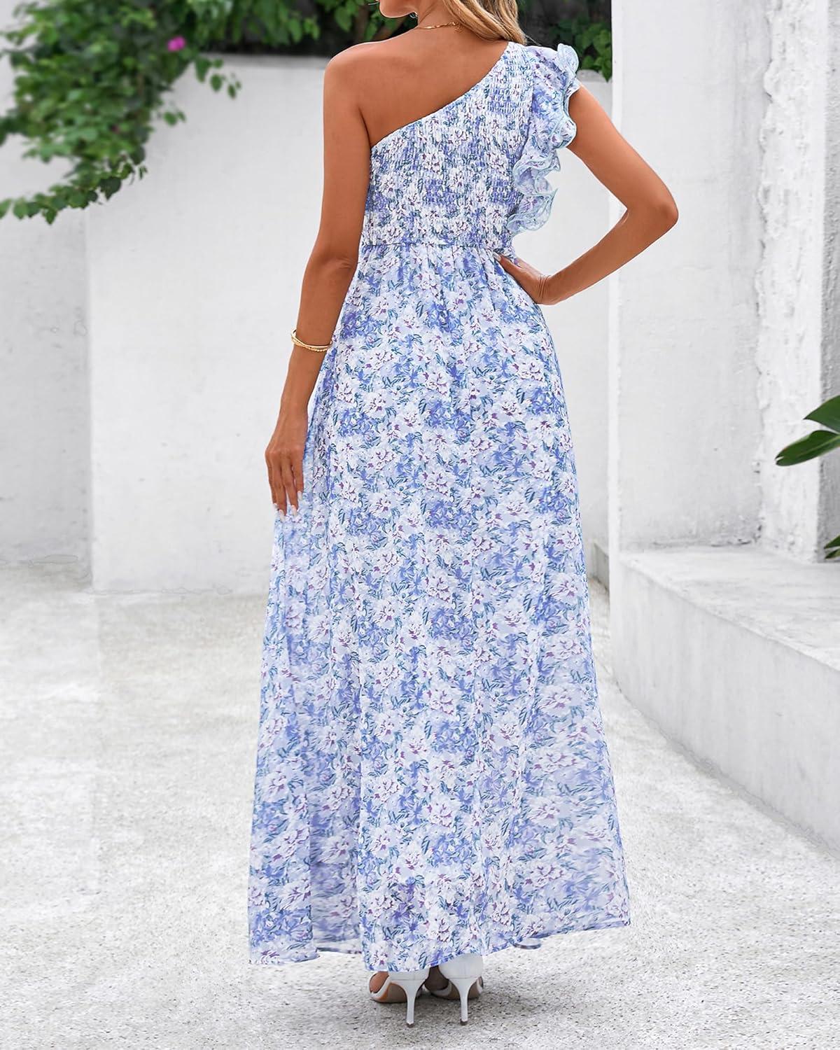 imageBTFBM Women Summer One Shoulder Floral Wedding Guest Dresses Sleeveless Smocked Ruffle Flowy Beach Vacation Maxi DressFloral Blue