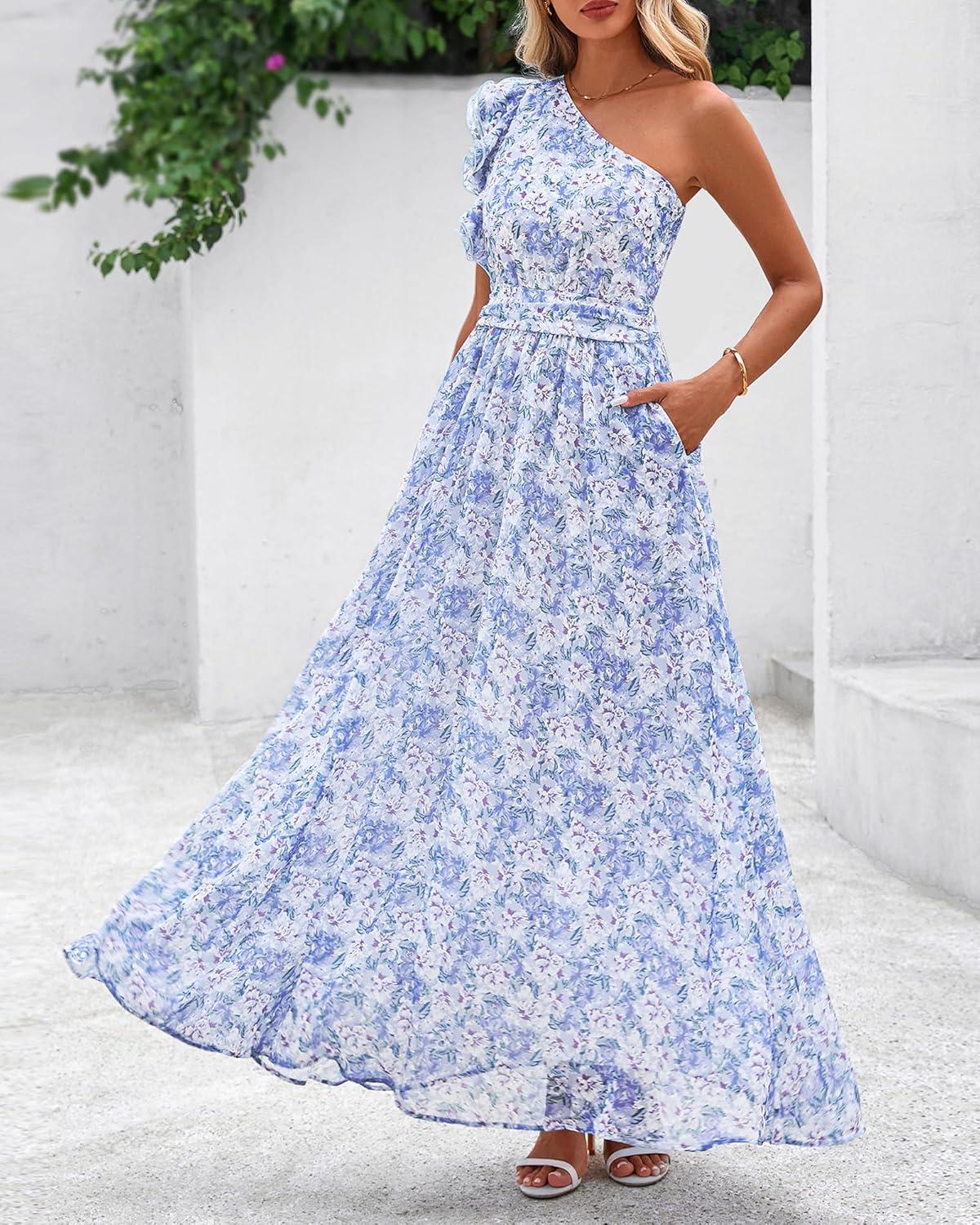 imageBTFBM Women Summer One Shoulder Floral Wedding Guest Dresses Sleeveless Smocked Ruffle Flowy Beach Vacation Maxi DressFloral Blue