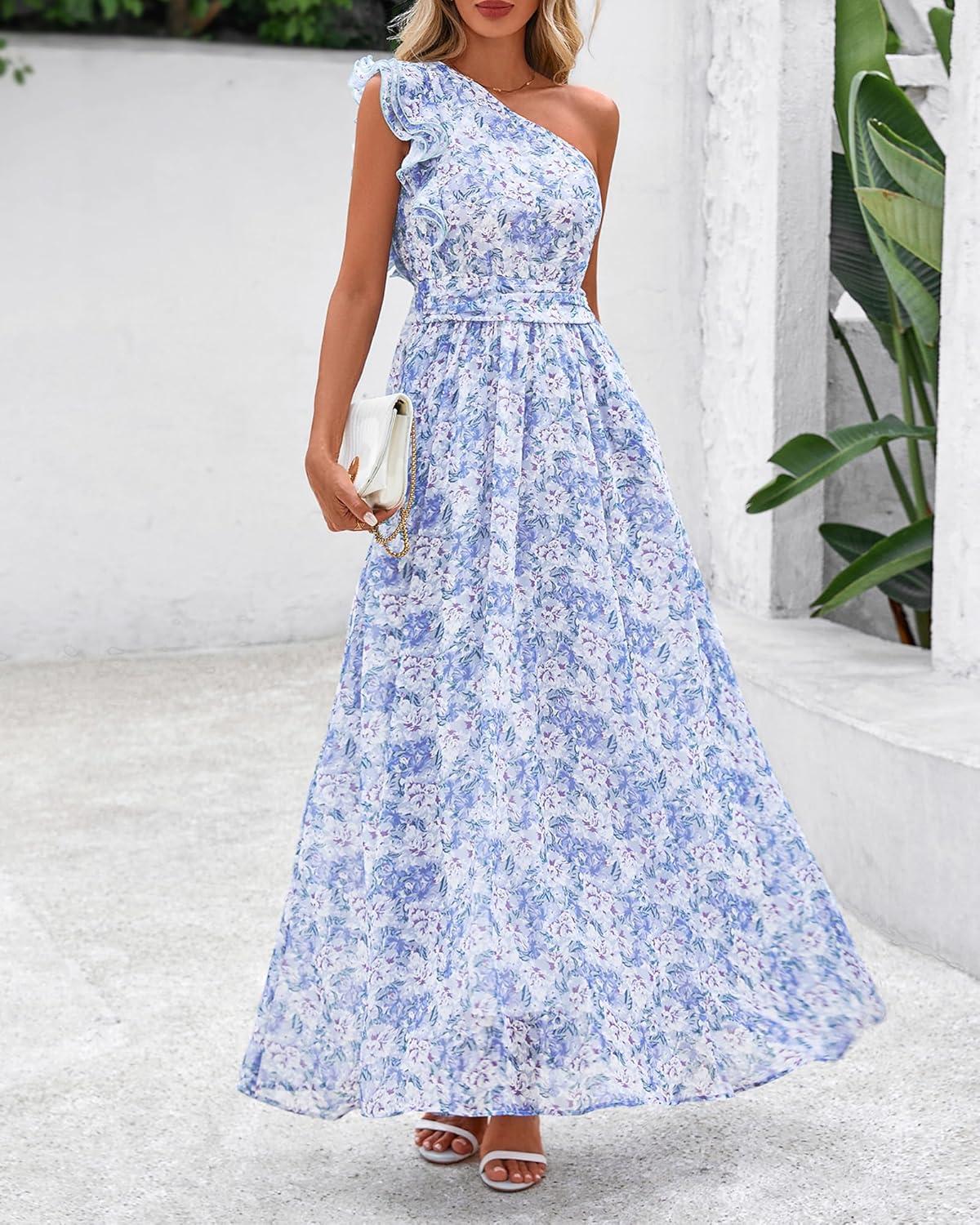 imageBTFBM Women Summer One Shoulder Floral Wedding Guest Dresses Sleeveless Smocked Ruffle Flowy Beach Vacation Maxi DressFloral Blue