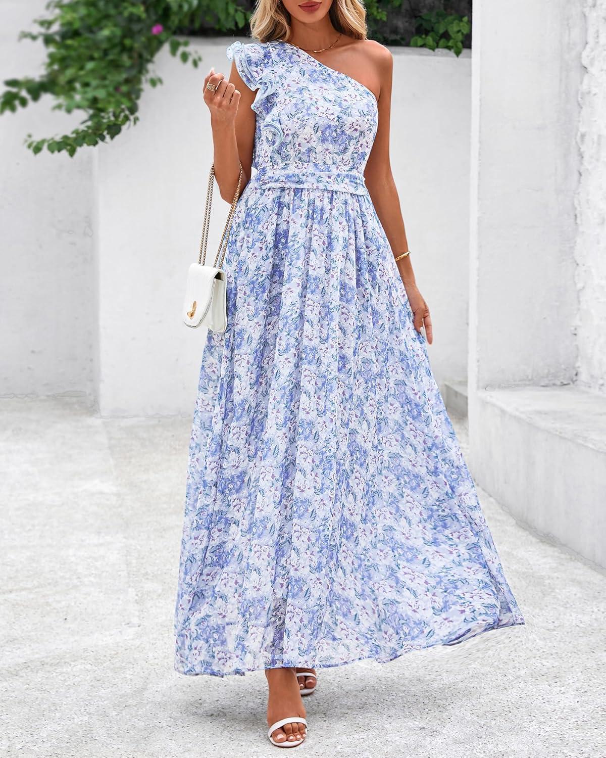 imageBTFBM Women Summer One Shoulder Floral Wedding Guest Dresses Sleeveless Smocked Ruffle Flowy Beach Vacation Maxi DressFloral Blue