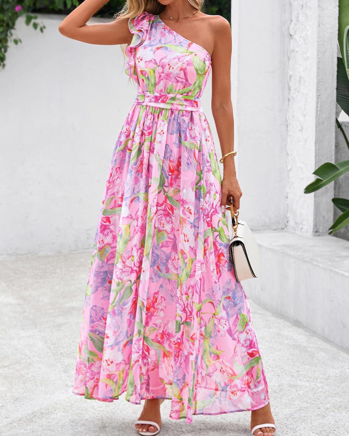 imageBTFBM Women Summer One Shoulder Floral Wedding Guest Dresses Sleeveless Smocked Ruffle Flowy Beach Vacation Maxi DressFloral Pink