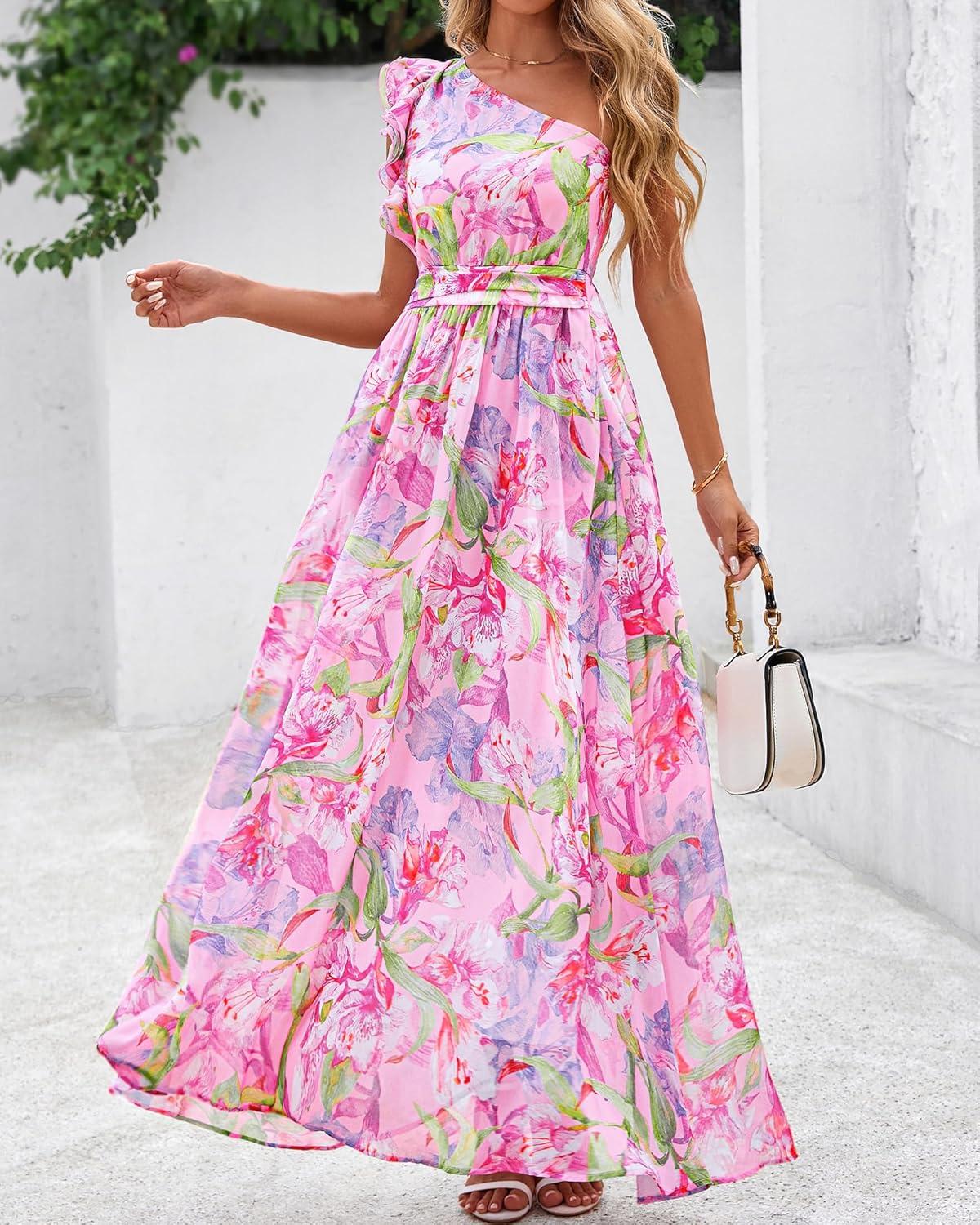 imageBTFBM Women Summer One Shoulder Floral Wedding Guest Dresses Sleeveless Smocked Ruffle Flowy Beach Vacation Maxi DressFloral Pink