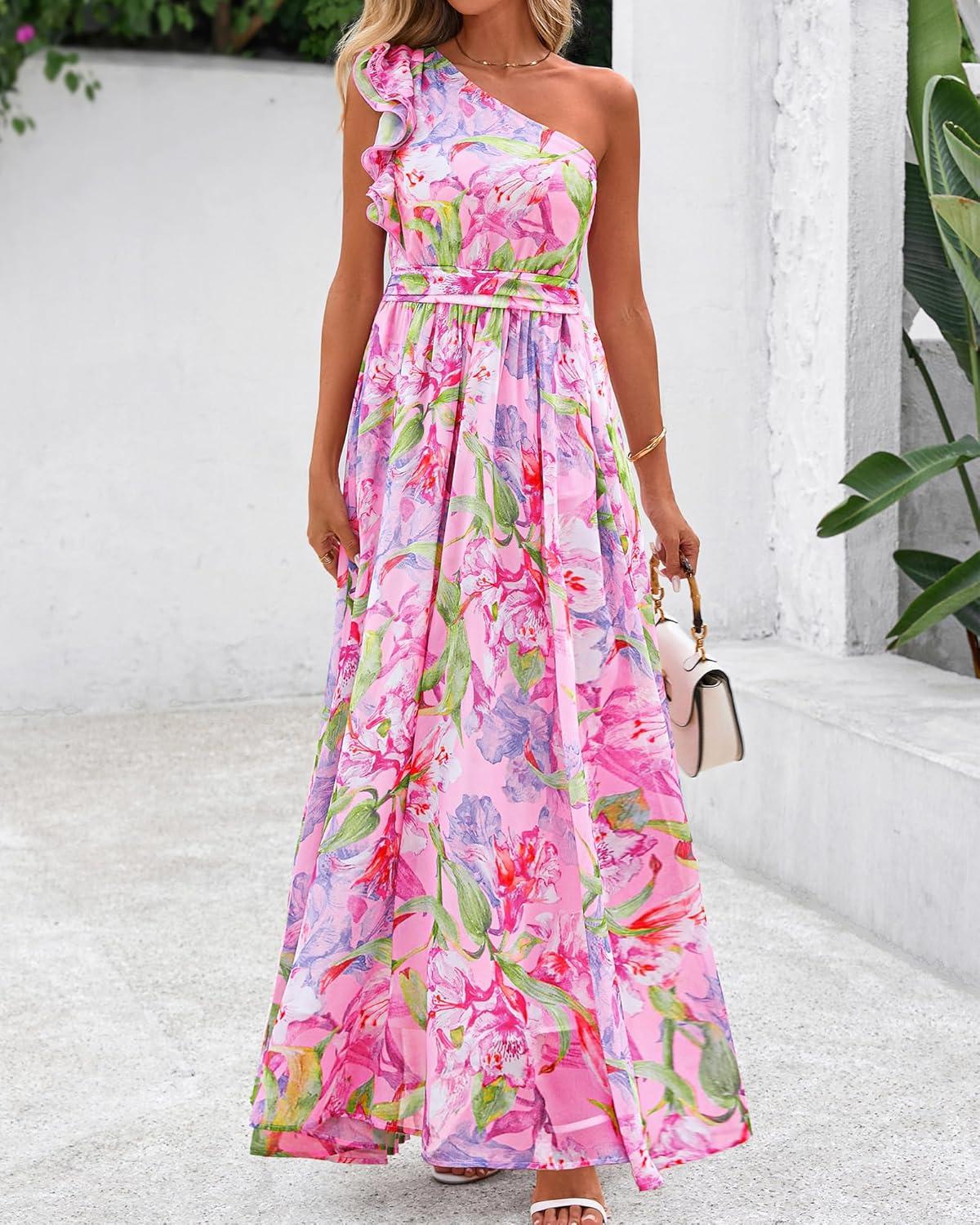 imageBTFBM Women Summer One Shoulder Floral Wedding Guest Dresses Sleeveless Smocked Ruffle Flowy Beach Vacation Maxi DressFloral Pink