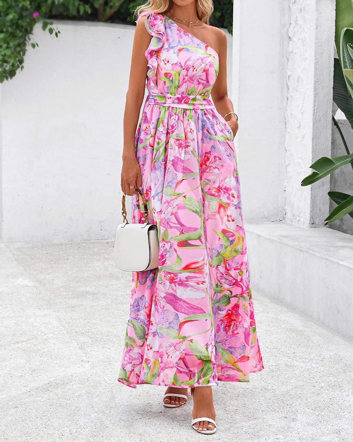 imageBTFBM Women Summer One Shoulder Floral Wedding Guest Dresses Sleeveless Smocked Ruffle Flowy Beach Vacation Maxi DressFloral Pink