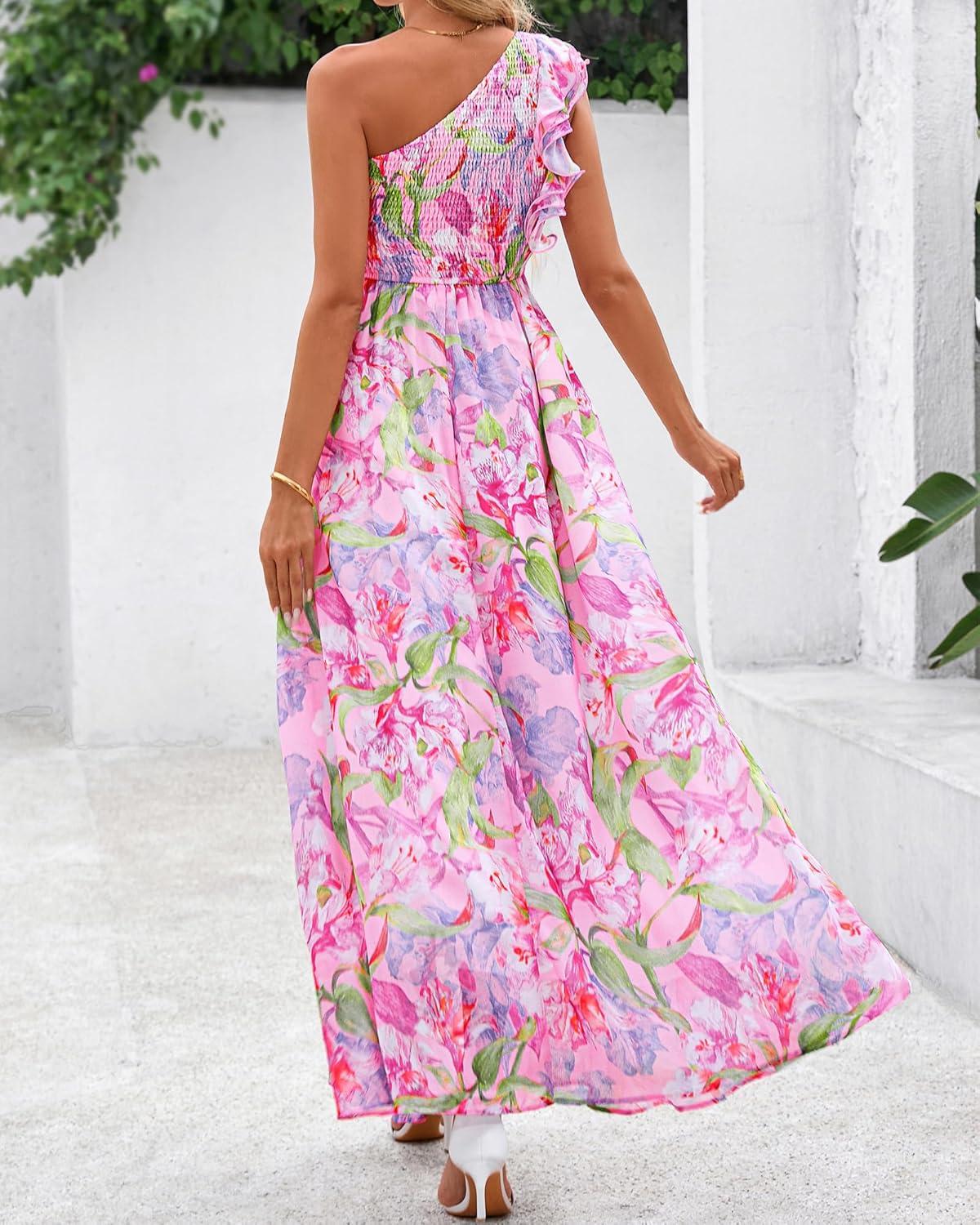 imageBTFBM Women Summer One Shoulder Floral Wedding Guest Dresses Sleeveless Smocked Ruffle Flowy Beach Vacation Maxi DressFloral Pink