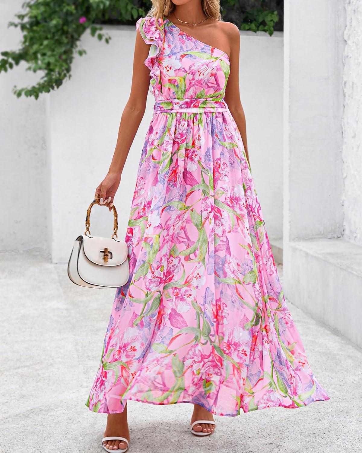 imageBTFBM Women Summer One Shoulder Floral Wedding Guest Dresses Sleeveless Smocked Ruffle Flowy Beach Vacation Maxi DressFloral Pink