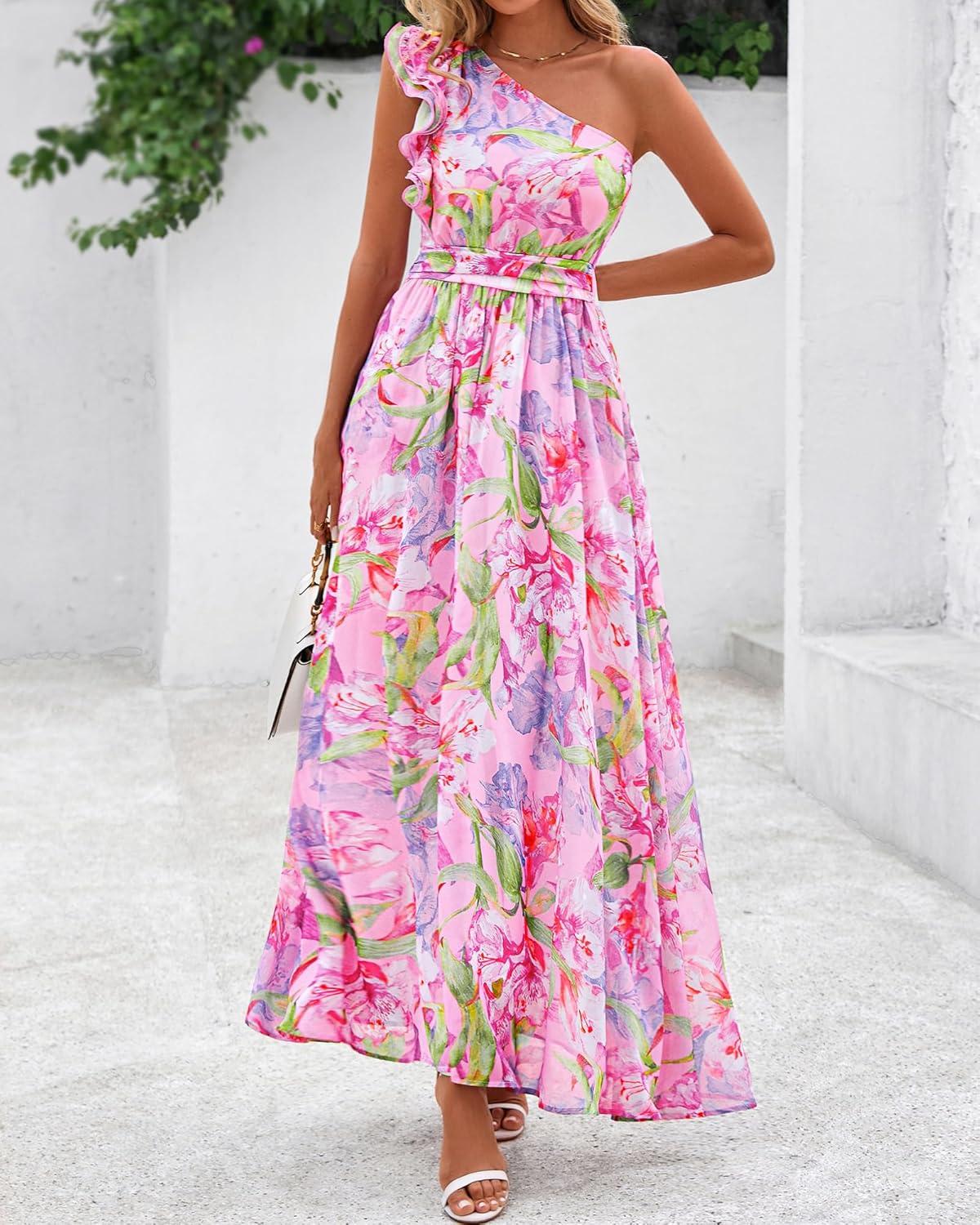 imageBTFBM Women Summer One Shoulder Floral Wedding Guest Dresses Sleeveless Smocked Ruffle Flowy Beach Vacation Maxi DressFloral Pink