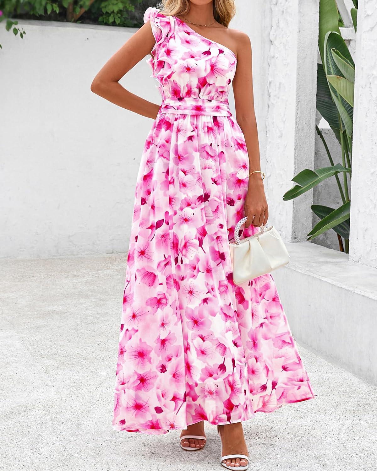 imageBTFBM Women Summer One Shoulder Floral Wedding Guest Dresses Sleeveless Smocked Ruffle Flowy Beach Vacation Maxi DressFloral Pink White