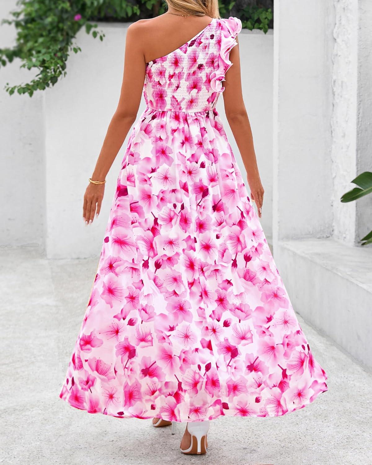 imageBTFBM Women Summer One Shoulder Floral Wedding Guest Dresses Sleeveless Smocked Ruffle Flowy Beach Vacation Maxi DressFloral Pink White
