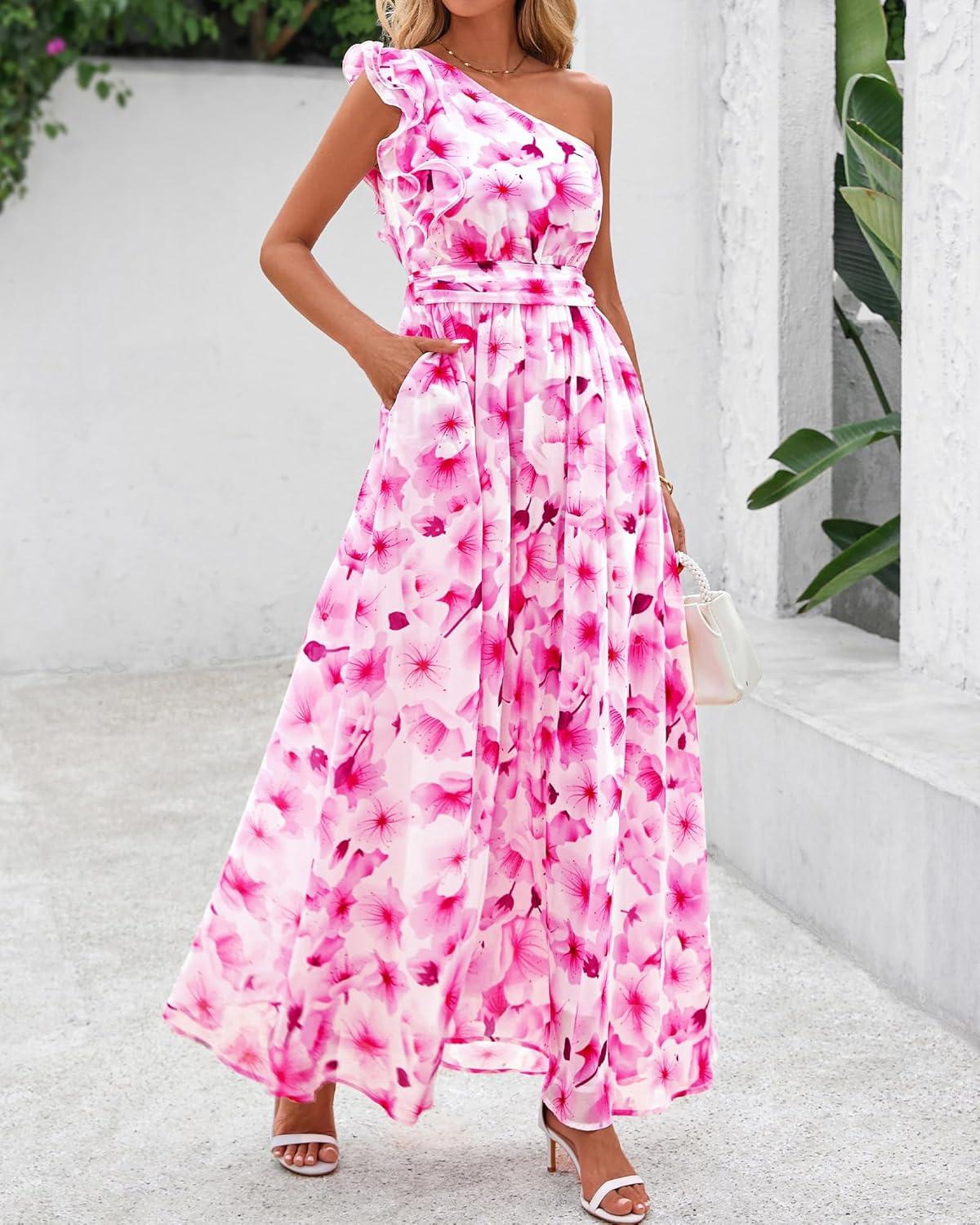 imageBTFBM Women Summer One Shoulder Floral Wedding Guest Dresses Sleeveless Smocked Ruffle Flowy Beach Vacation Maxi DressFloral Pink White