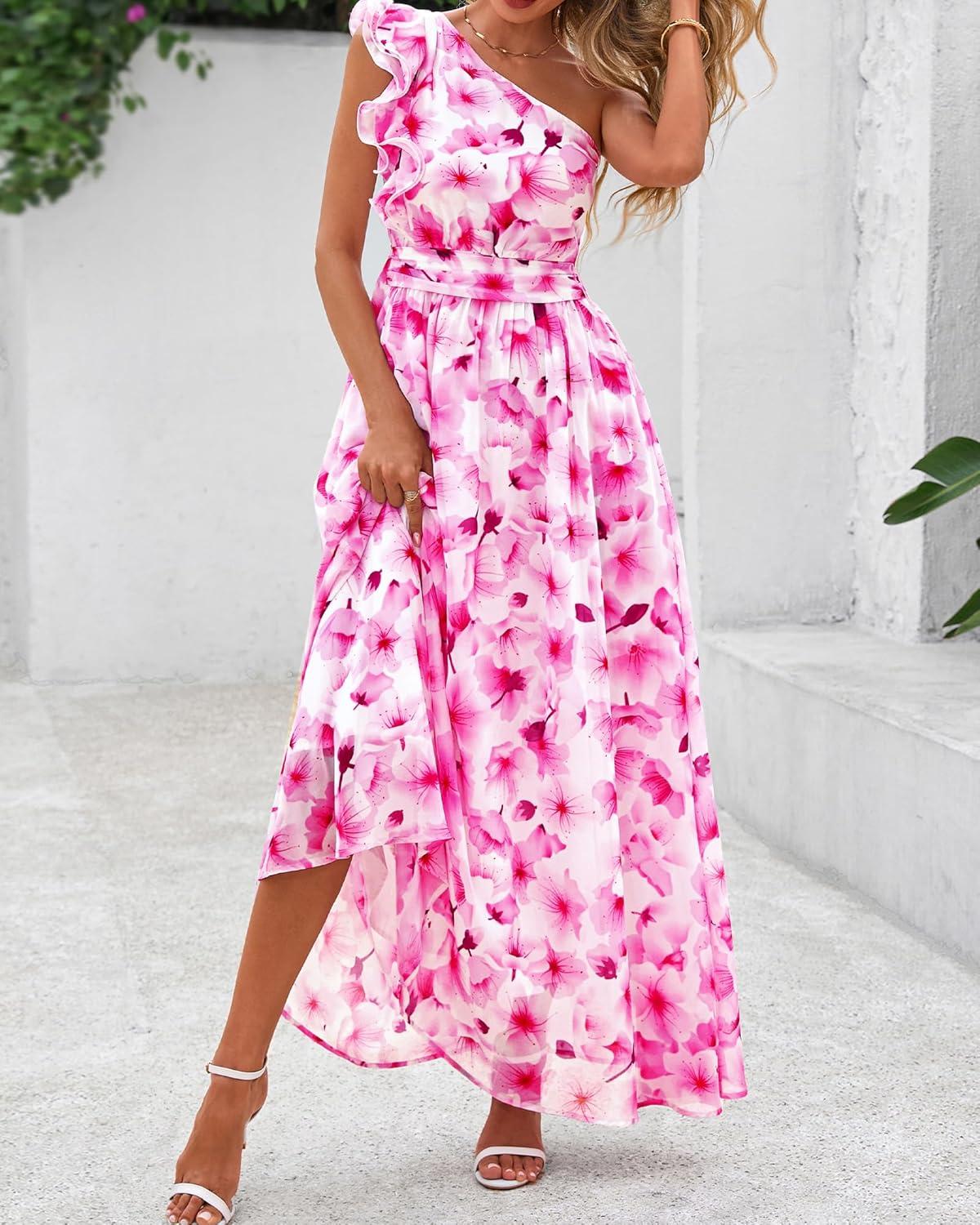 imageBTFBM Women Summer One Shoulder Floral Wedding Guest Dresses Sleeveless Smocked Ruffle Flowy Beach Vacation Maxi DressFloral Pink White
