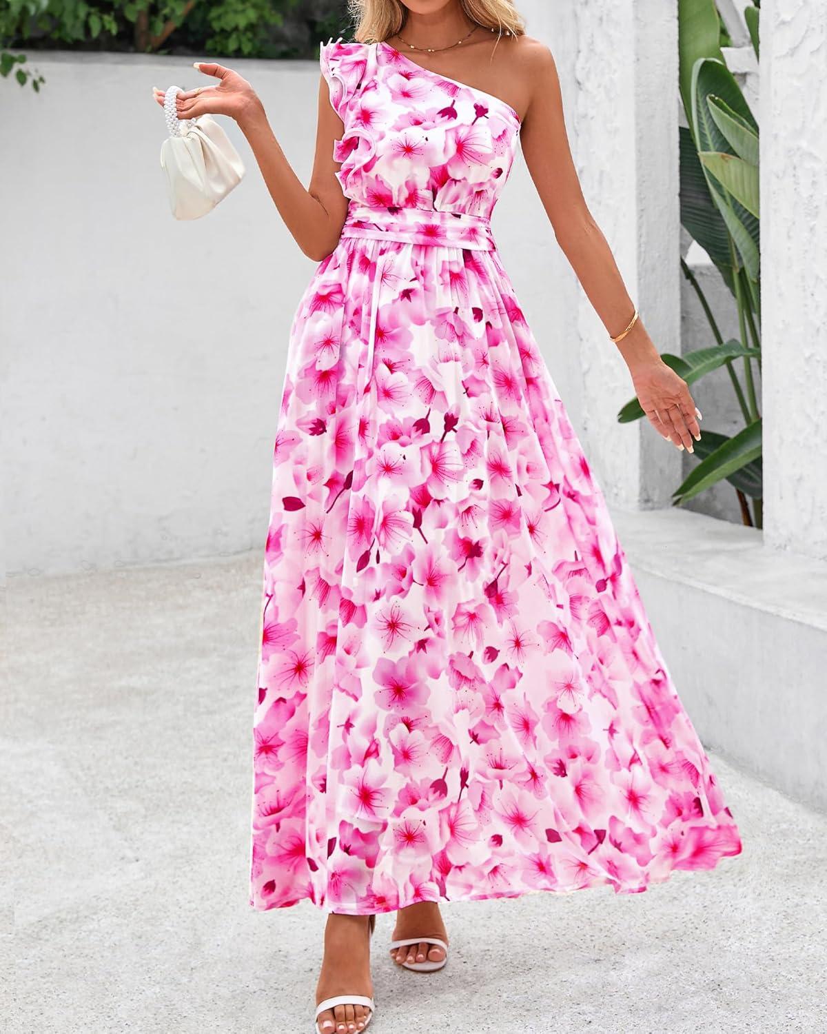 imageBTFBM Women Summer One Shoulder Floral Wedding Guest Dresses Sleeveless Smocked Ruffle Flowy Beach Vacation Maxi DressFloral Pink White