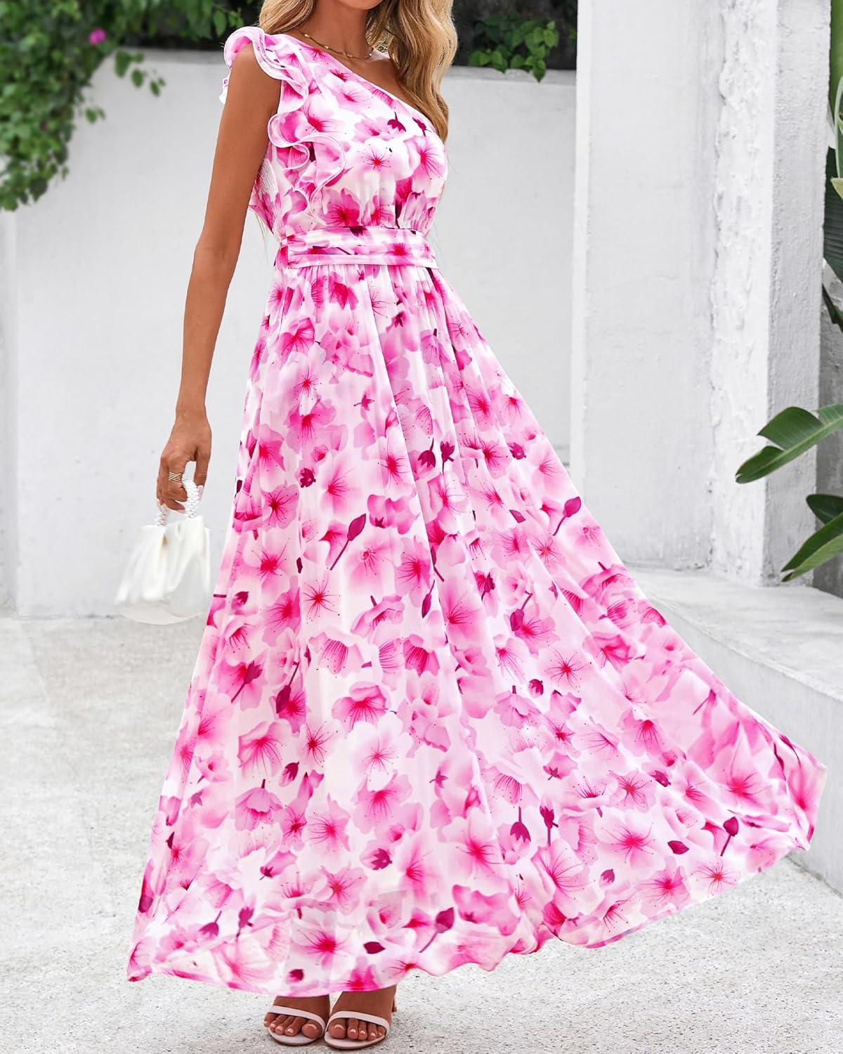 imageBTFBM Women Summer One Shoulder Floral Wedding Guest Dresses Sleeveless Smocked Ruffle Flowy Beach Vacation Maxi DressFloral Pink White