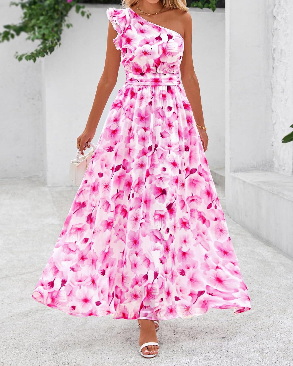 imageBTFBM Women Summer One Shoulder Floral Wedding Guest Dresses Sleeveless Smocked Ruffle Flowy Beach Vacation Maxi DressFloral Pink White