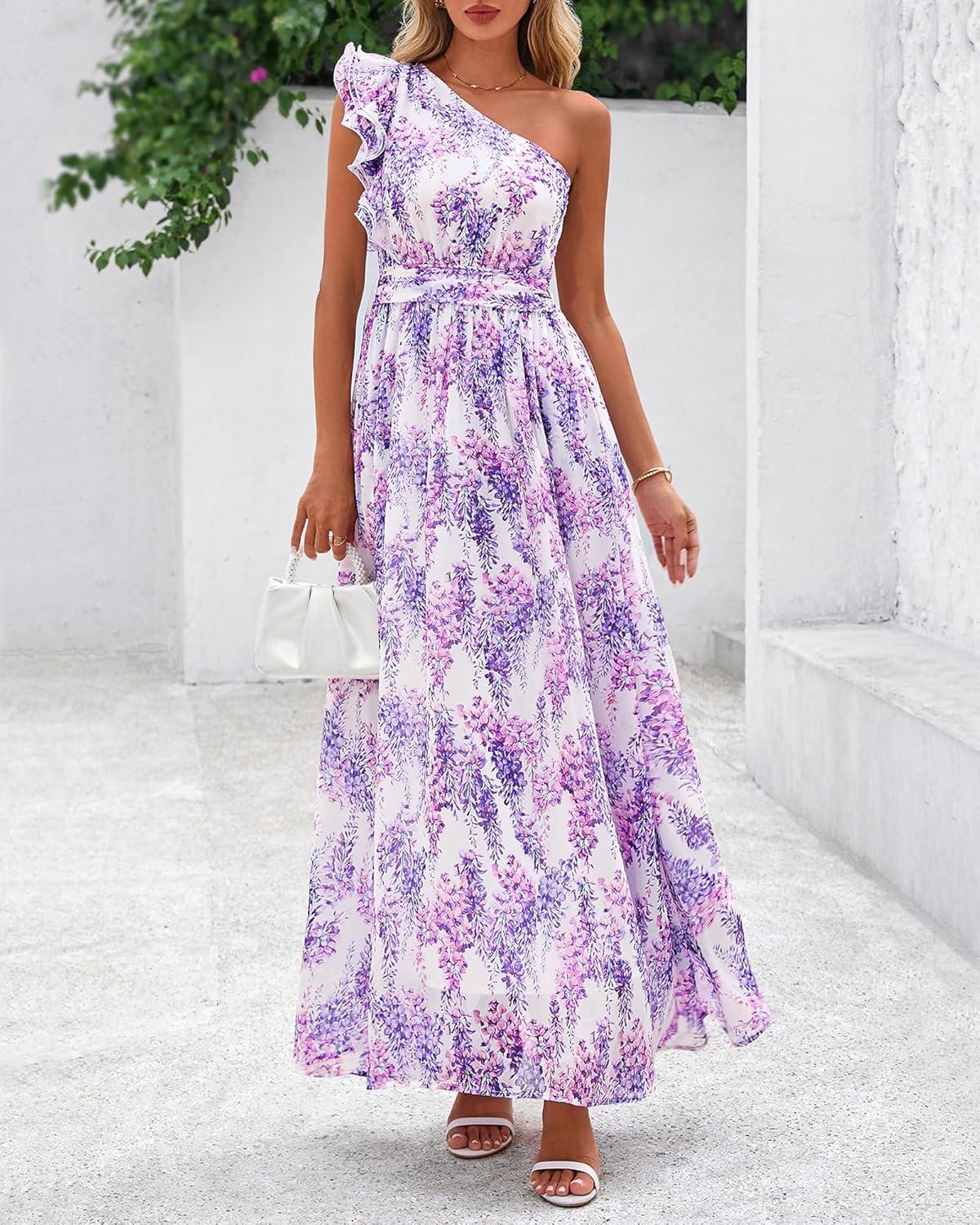 imageBTFBM Women Summer One Shoulder Floral Wedding Guest Dresses Sleeveless Smocked Ruffle Flowy Beach Vacation Maxi DressFloral Purple