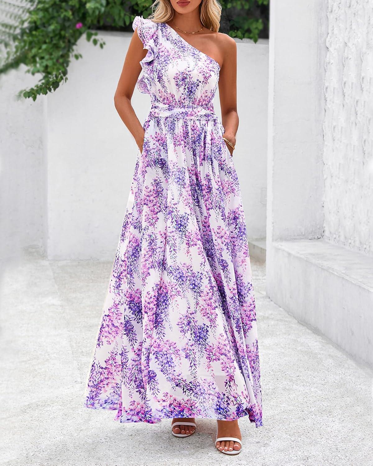 imageBTFBM Women Summer One Shoulder Floral Wedding Guest Dresses Sleeveless Smocked Ruffle Flowy Beach Vacation Maxi DressFloral Purple
