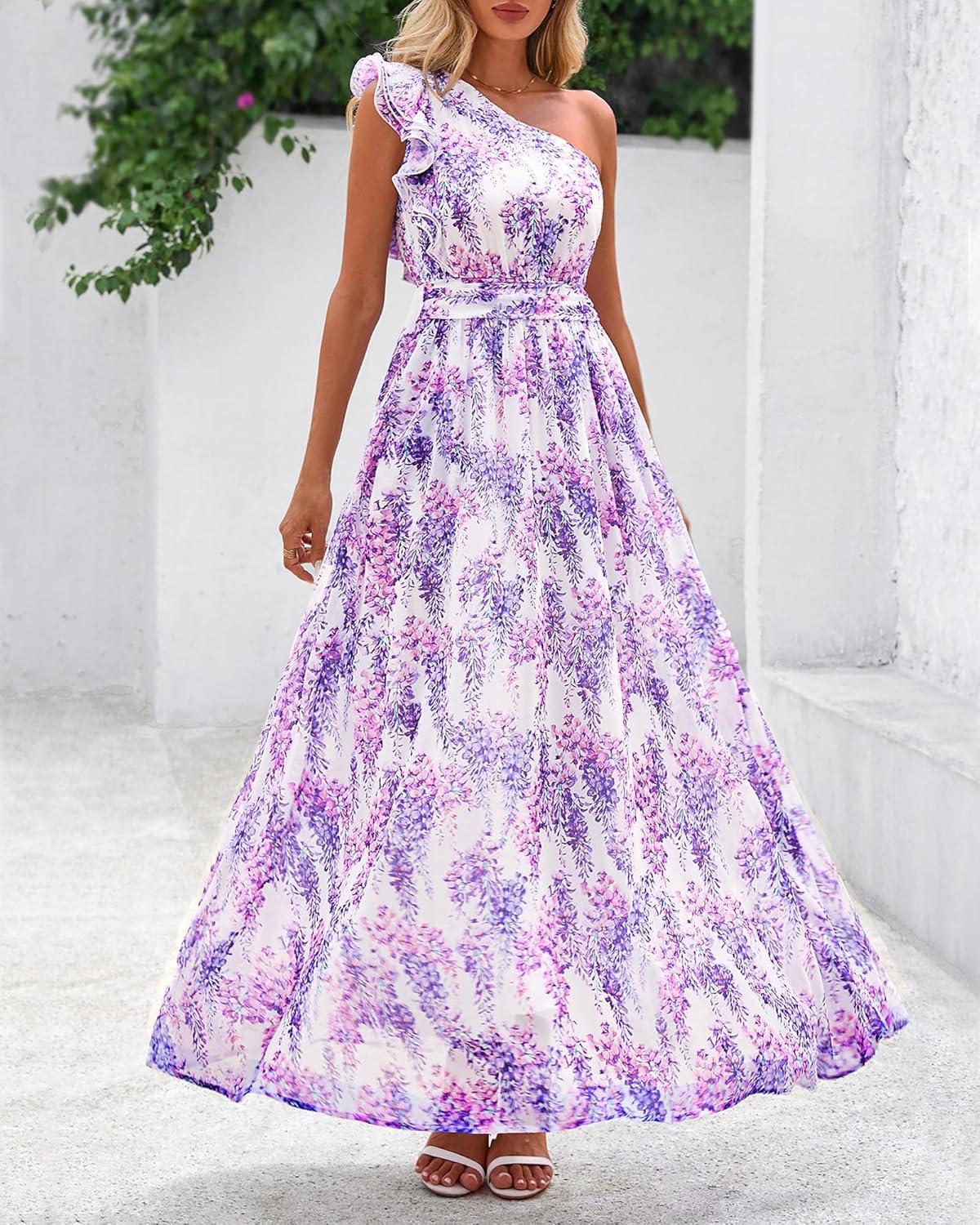 imageBTFBM Women Summer One Shoulder Floral Wedding Guest Dresses Sleeveless Smocked Ruffle Flowy Beach Vacation Maxi DressFloral Purple
