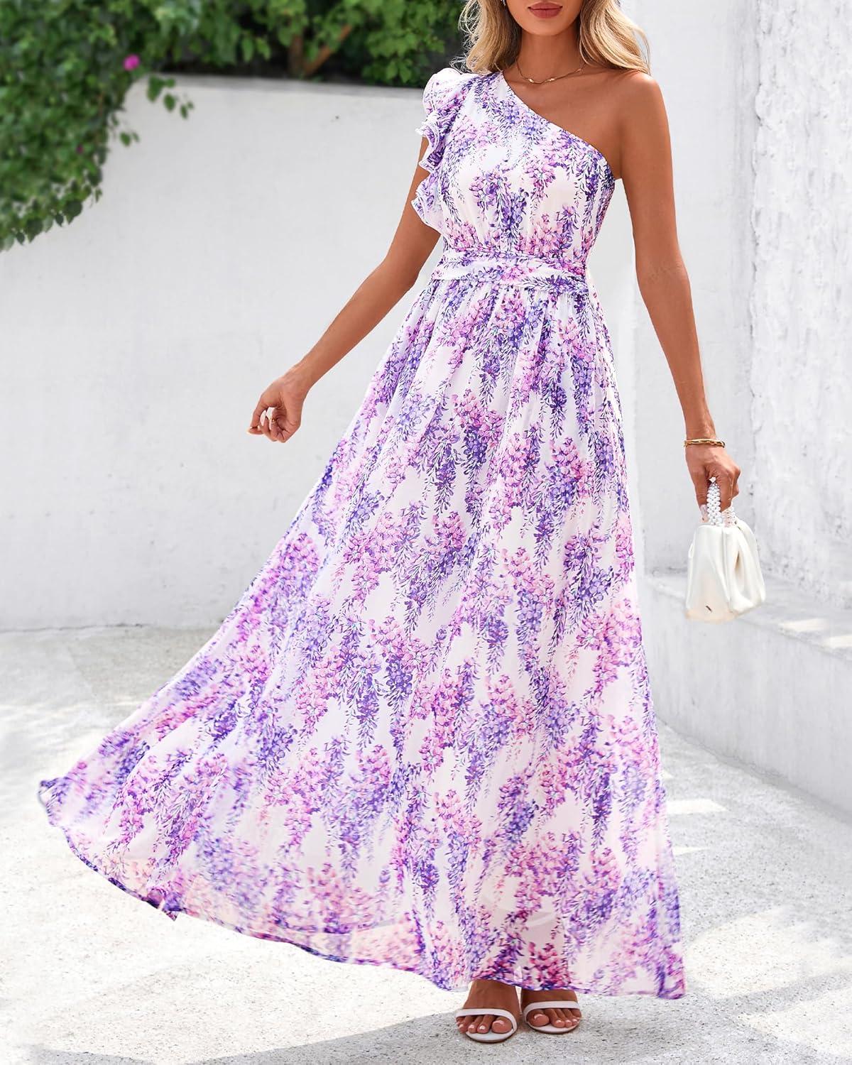 imageBTFBM Women Summer One Shoulder Floral Wedding Guest Dresses Sleeveless Smocked Ruffle Flowy Beach Vacation Maxi DressFloral Purple