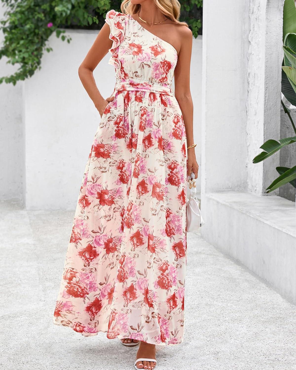 imageBTFBM Women Summer One Shoulder Floral Wedding Guest Dresses Sleeveless Smocked Ruffle Flowy Beach Vacation Maxi DressFloral Red Apricot