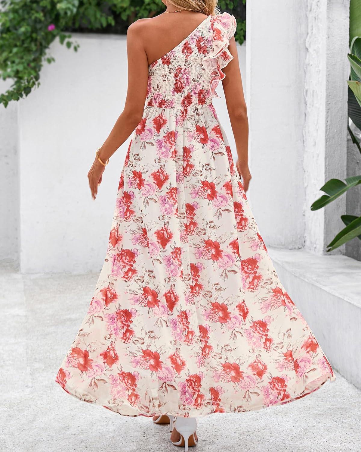 imageBTFBM Women Summer One Shoulder Floral Wedding Guest Dresses Sleeveless Smocked Ruffle Flowy Beach Vacation Maxi DressFloral Red Apricot