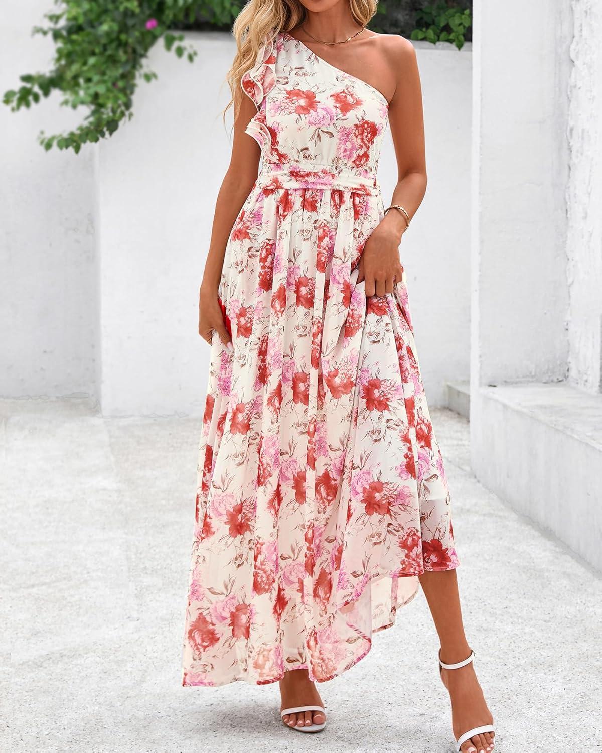 imageBTFBM Women Summer One Shoulder Floral Wedding Guest Dresses Sleeveless Smocked Ruffle Flowy Beach Vacation Maxi DressFloral Red Apricot
