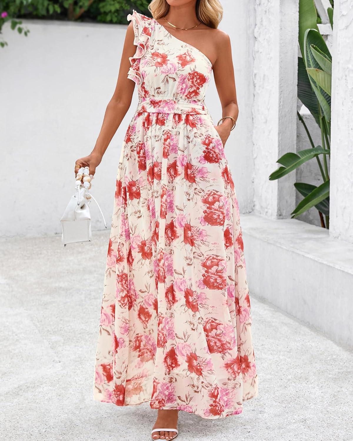 imageBTFBM Women Summer One Shoulder Floral Wedding Guest Dresses Sleeveless Smocked Ruffle Flowy Beach Vacation Maxi DressFloral Red Apricot
