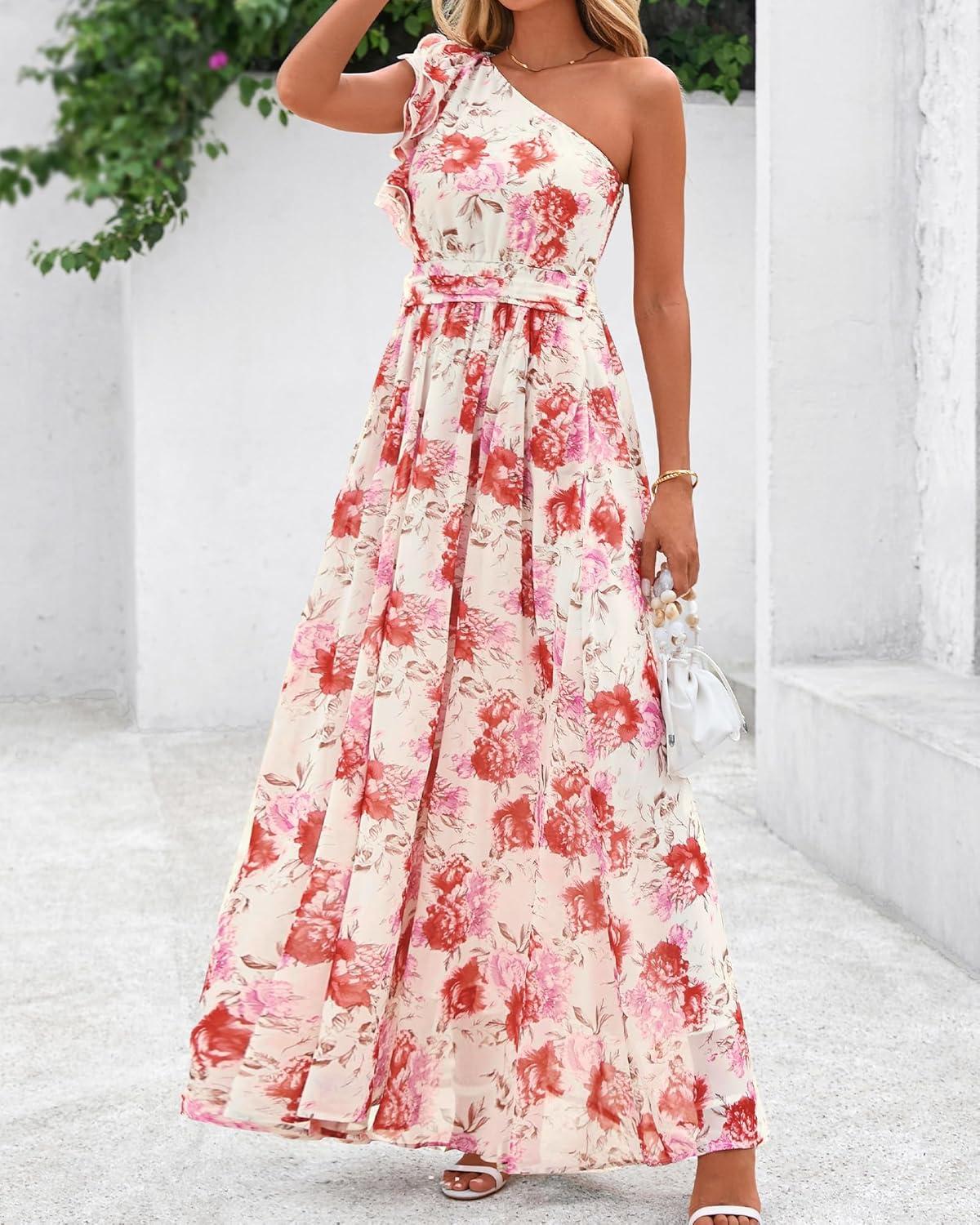 imageBTFBM Women Summer One Shoulder Floral Wedding Guest Dresses Sleeveless Smocked Ruffle Flowy Beach Vacation Maxi DressFloral Red Apricot