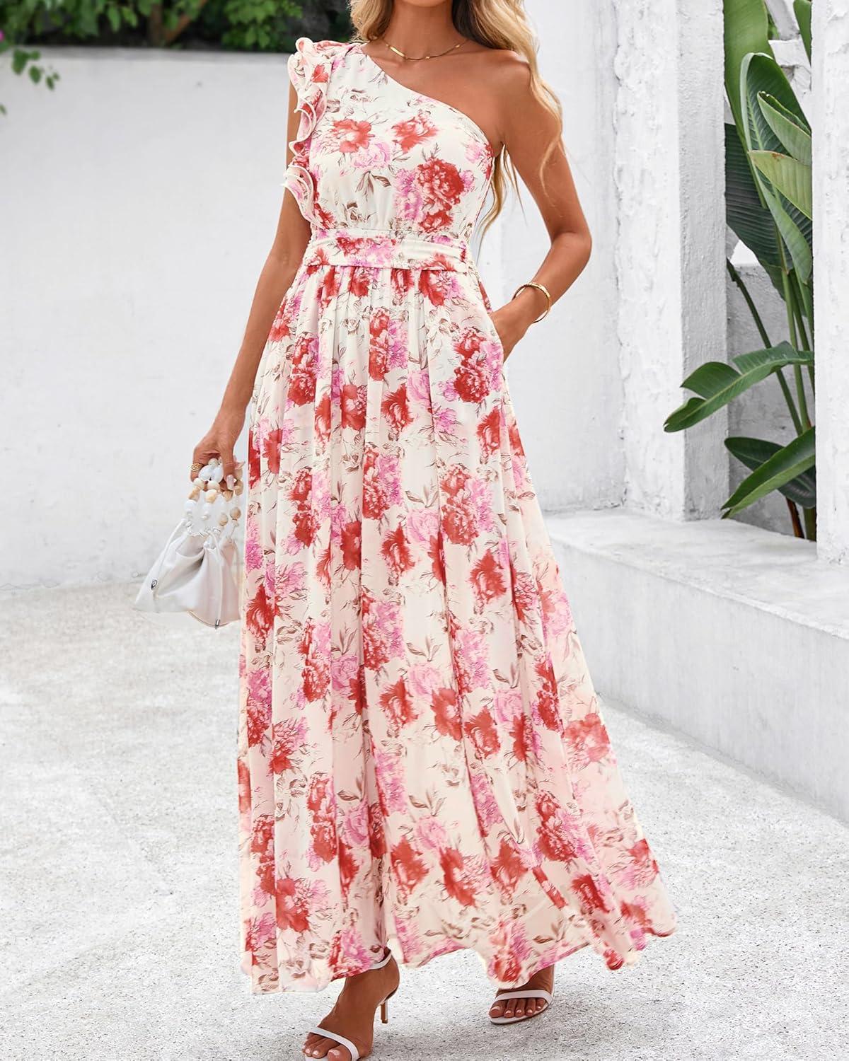 imageBTFBM Women Summer One Shoulder Floral Wedding Guest Dresses Sleeveless Smocked Ruffle Flowy Beach Vacation Maxi DressFloral Red Apricot