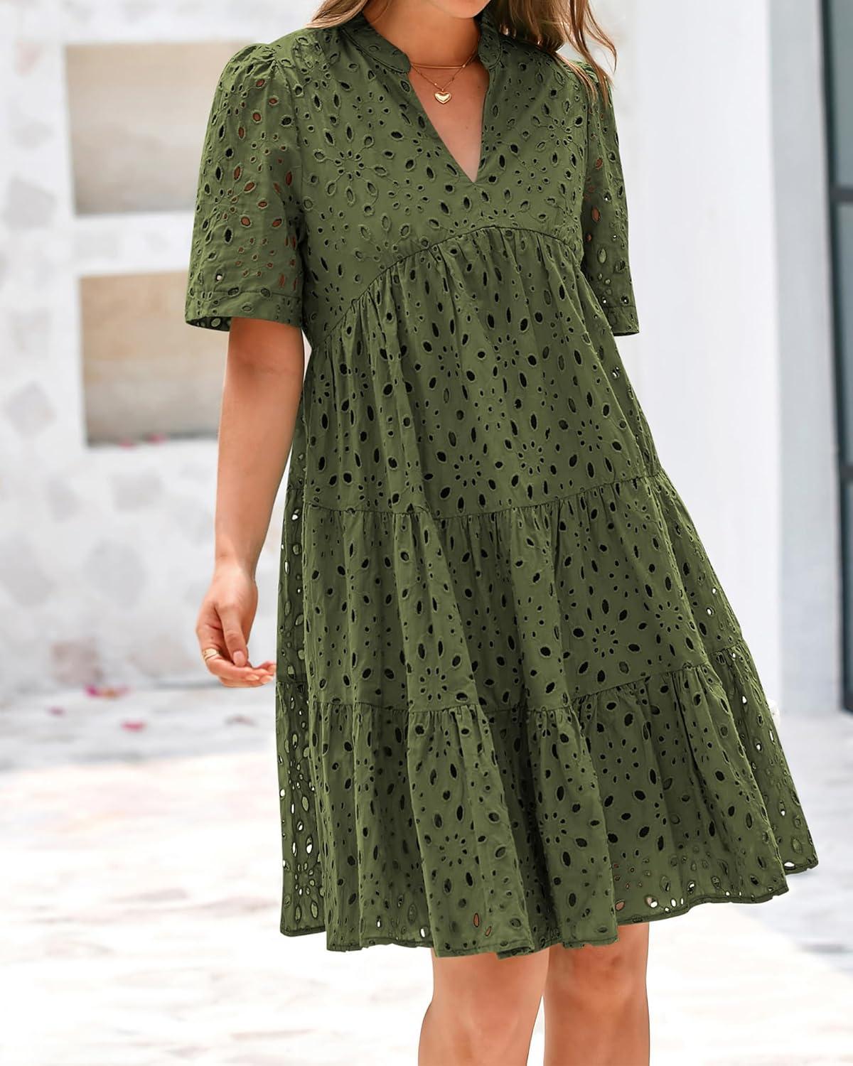 imageBTFBM Womens Boho Summer Dresses 2026 Spring V Neck Short Sleeve Hollow Out Lace Ruffle Casual Beach Mini Vacation DressArmy Green