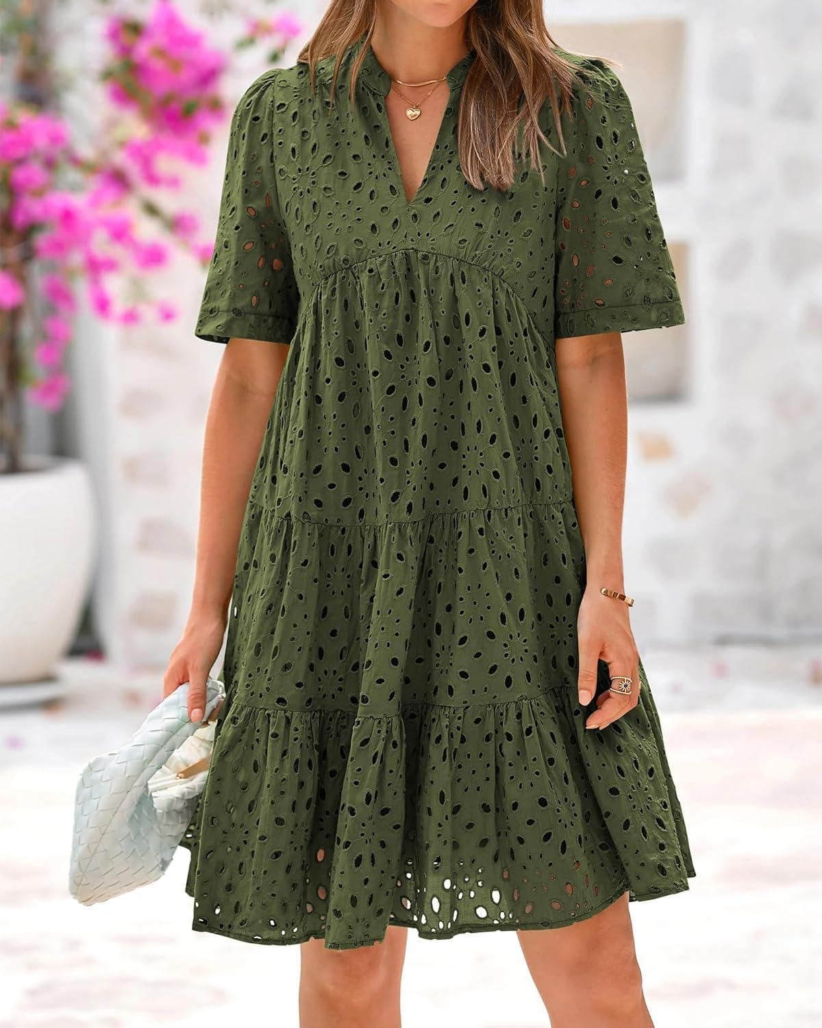 imageBTFBM Womens Boho Summer Dresses 2026 Spring V Neck Short Sleeve Hollow Out Lace Ruffle Casual Beach Mini Vacation DressArmy Green