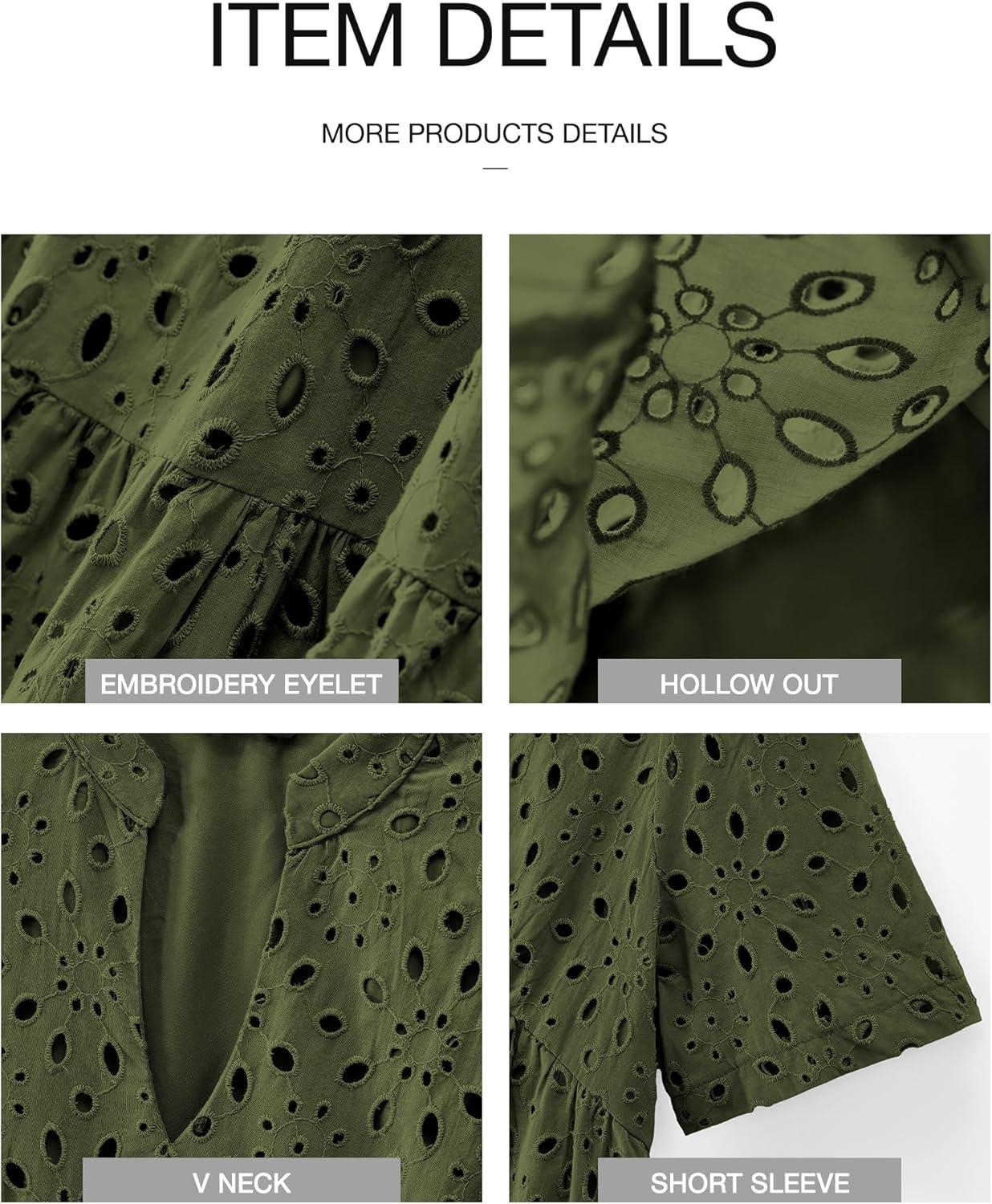imageBTFBM Womens Boho Summer Dresses 2026 Spring V Neck Short Sleeve Hollow Out Lace Ruffle Casual Beach Mini Vacation DressArmy Green