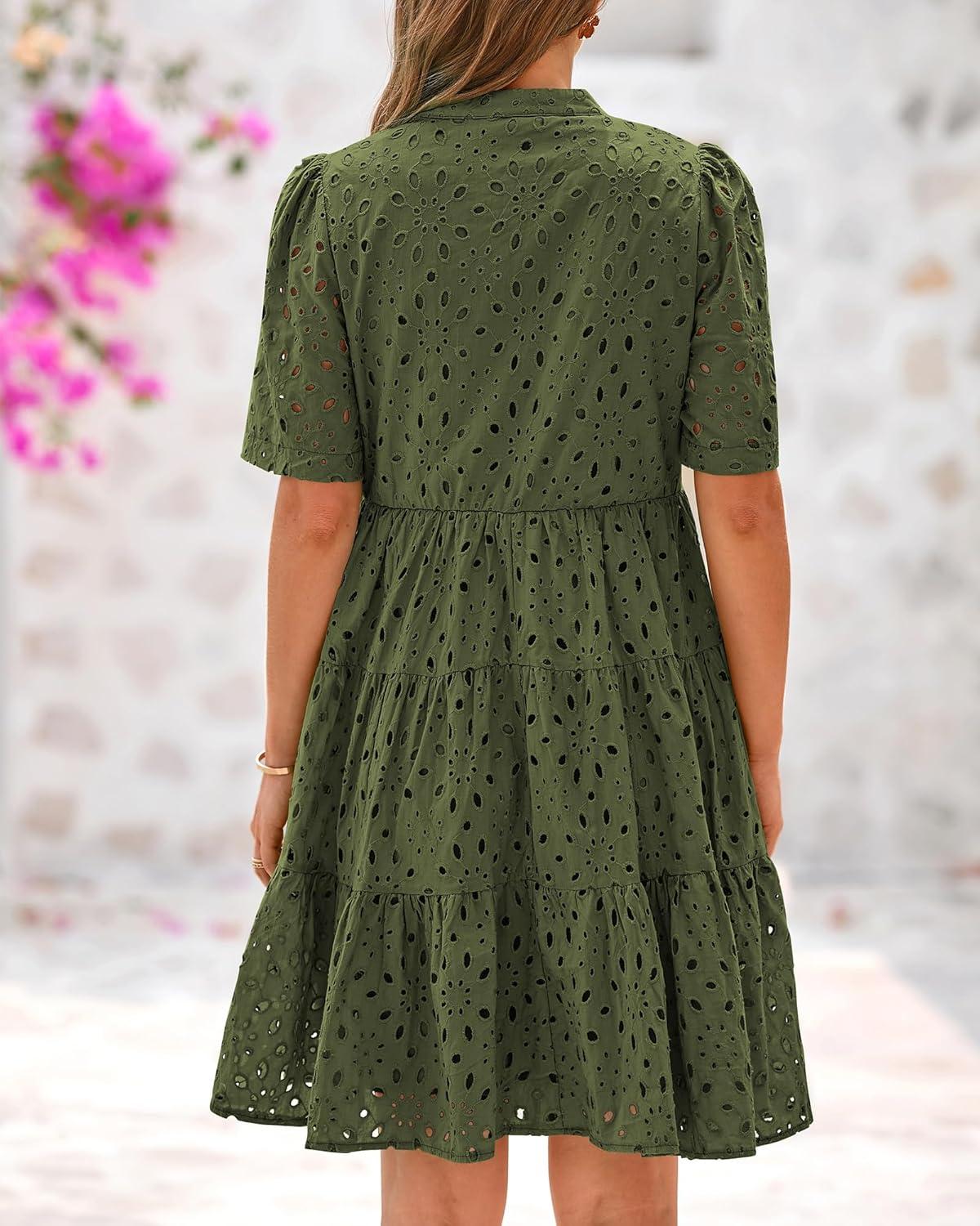 imageBTFBM Womens Boho Summer Dresses 2026 Spring V Neck Short Sleeve Hollow Out Lace Ruffle Casual Beach Mini Vacation DressArmy Green