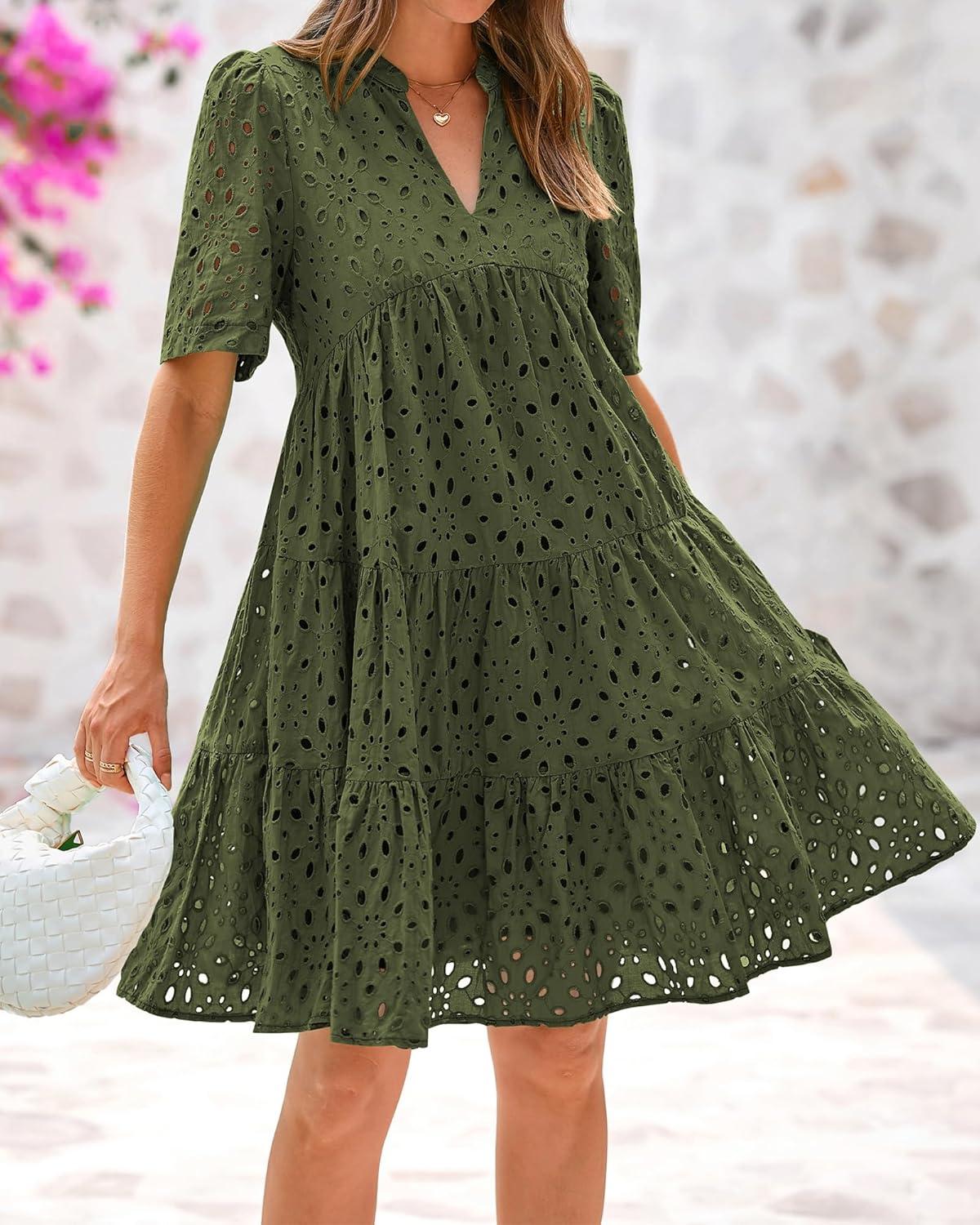 imageBTFBM Womens Boho Summer Dresses 2026 Spring V Neck Short Sleeve Hollow Out Lace Ruffle Casual Beach Mini Vacation DressArmy Green
