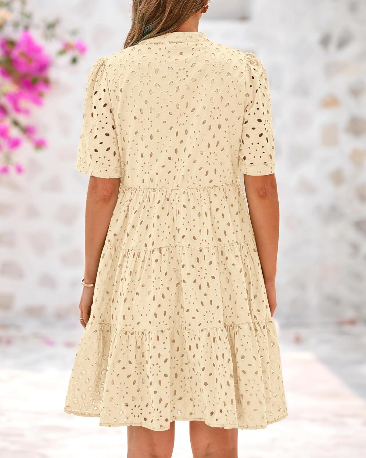 imageBTFBM Womens Boho Summer Dresses 2026 Spring V Neck Short Sleeve Hollow Out Lace Ruffle Casual Beach Mini Vacation DressBeige
