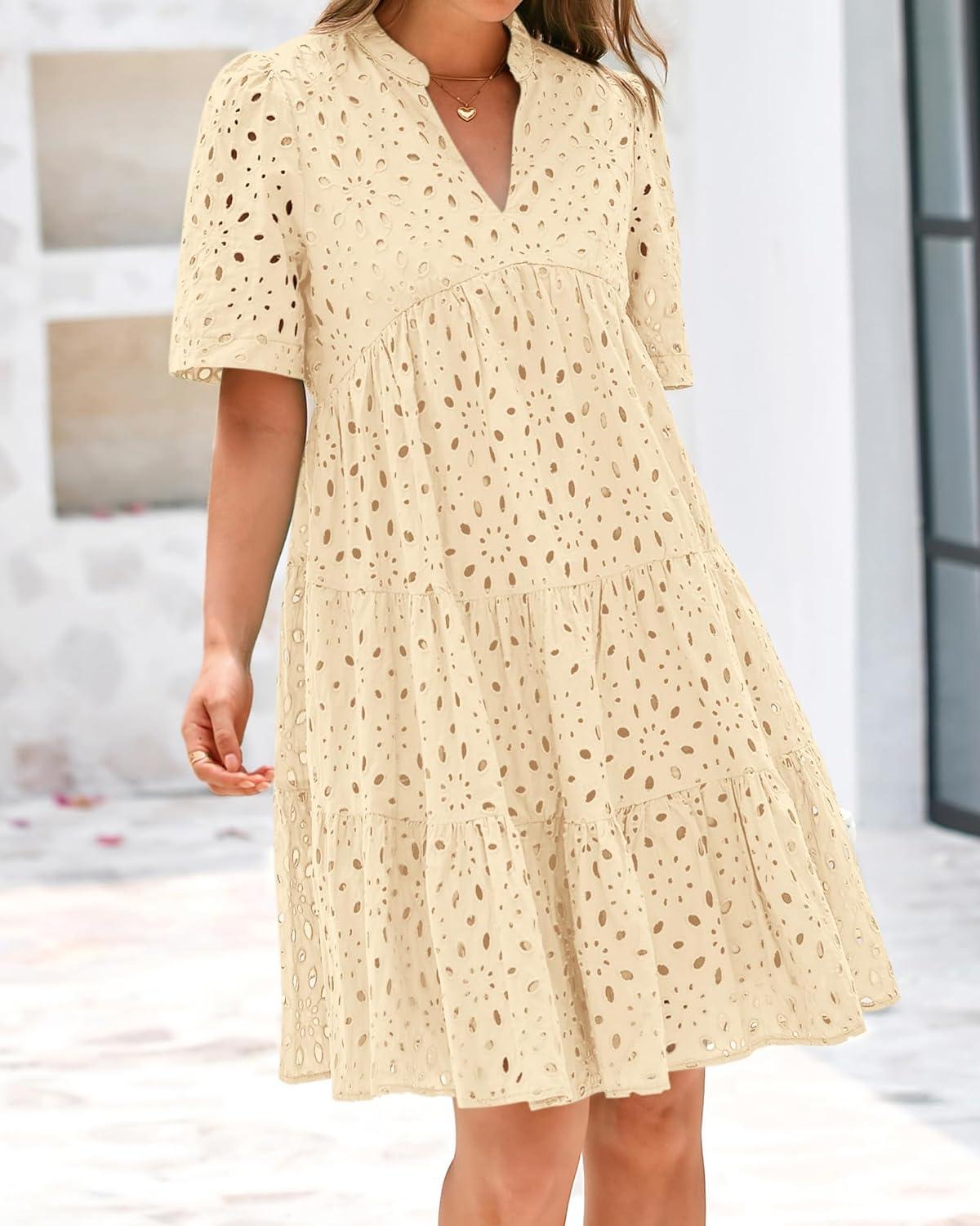 imageBTFBM Womens Boho Summer Dresses 2026 Spring V Neck Short Sleeve Hollow Out Lace Ruffle Casual Beach Mini Vacation DressBeige