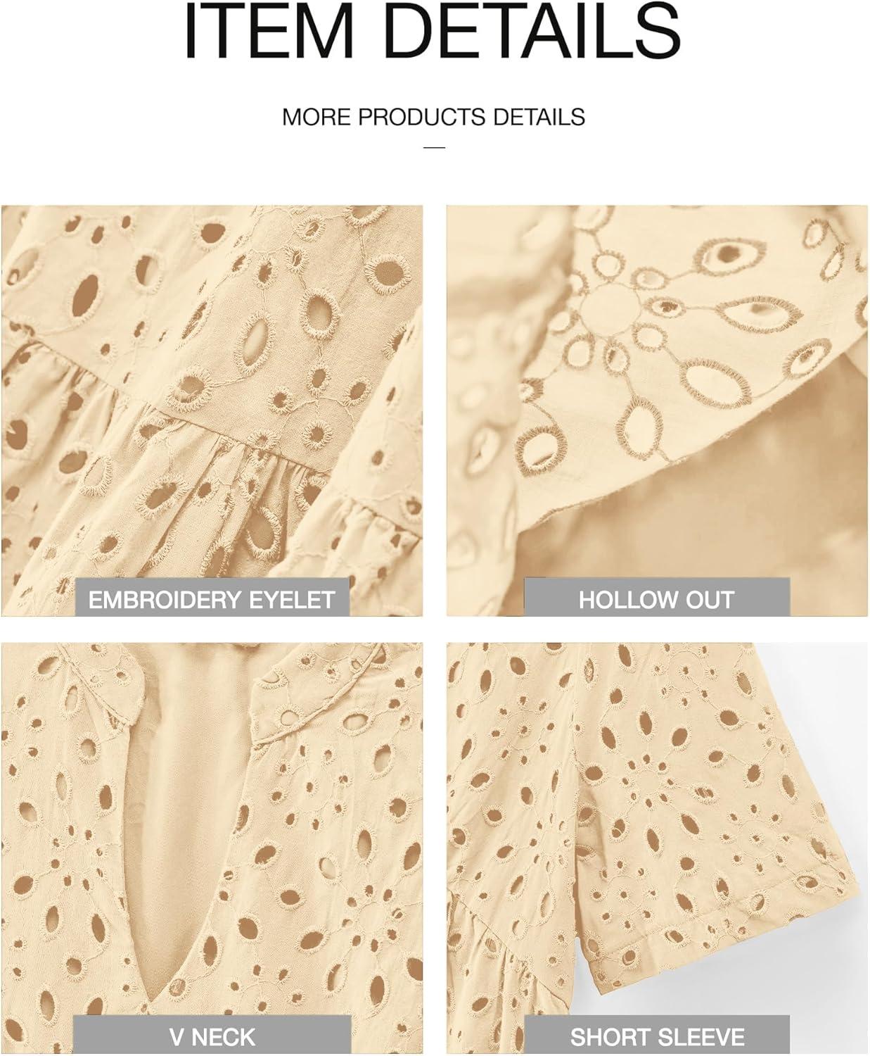 imageBTFBM Womens Boho Summer Dresses 2026 Spring V Neck Short Sleeve Hollow Out Lace Ruffle Casual Beach Mini Vacation DressBeige