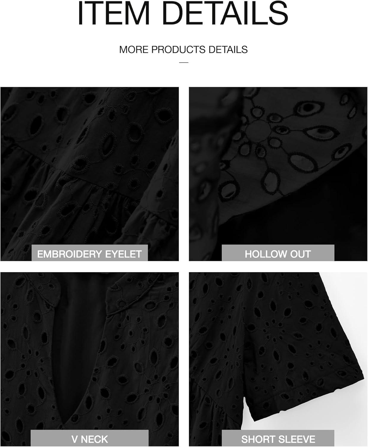 imageBTFBM Womens Boho Summer Dresses 2026 Spring V Neck Short Sleeve Hollow Out Lace Ruffle Casual Beach Mini Vacation DressBlack