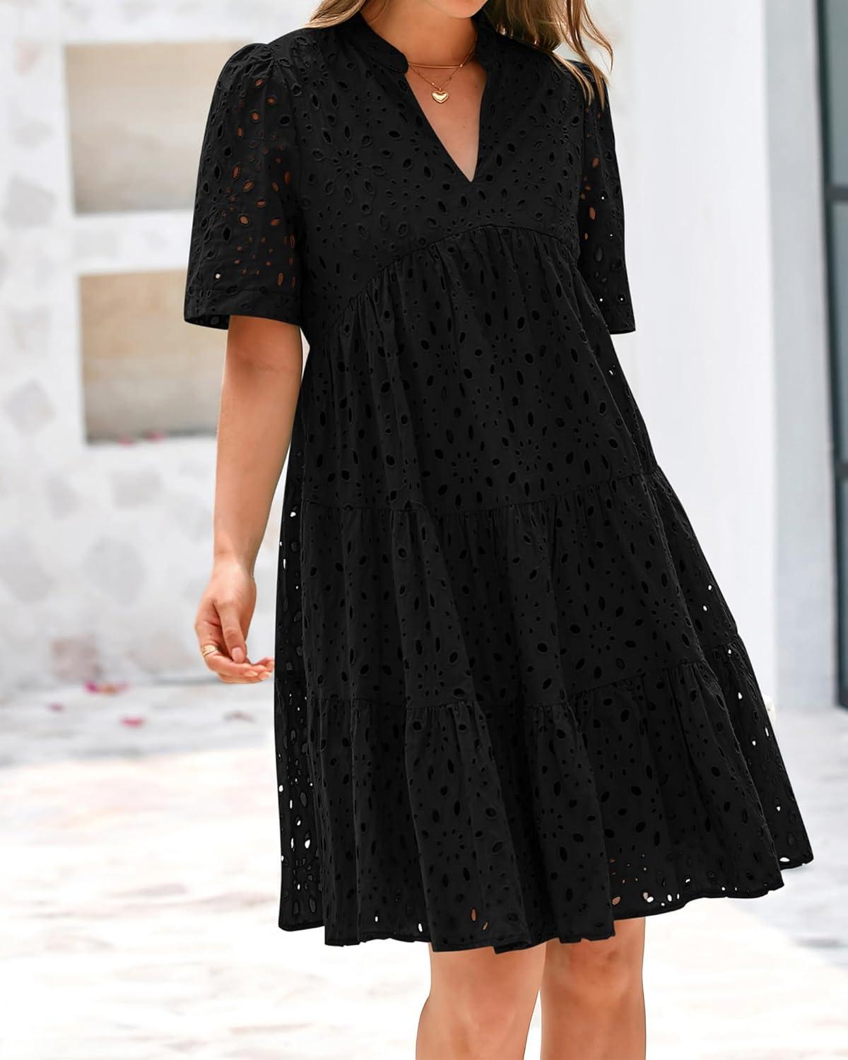 imageBTFBM Womens Boho Summer Dresses 2026 Spring V Neck Short Sleeve Hollow Out Lace Ruffle Casual Beach Mini Vacation DressBlack