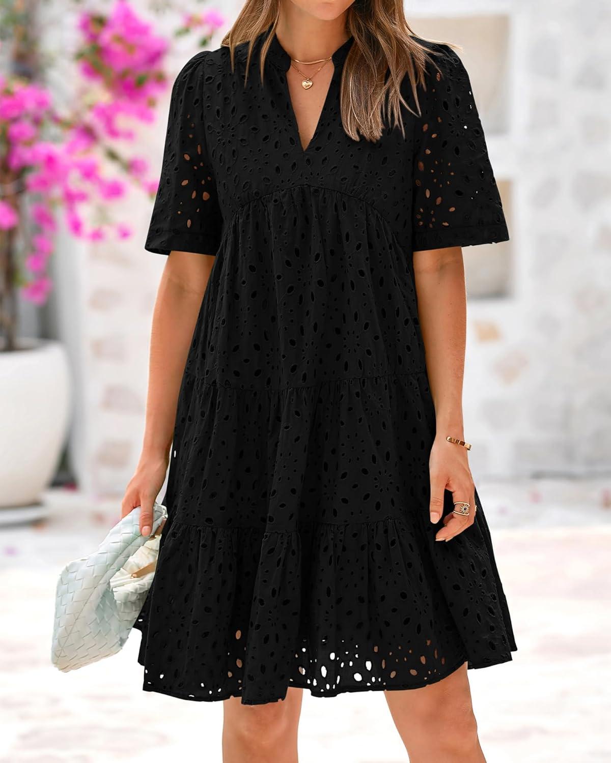 imageBTFBM Womens Boho Summer Dresses 2026 Spring V Neck Short Sleeve Hollow Out Lace Ruffle Casual Beach Mini Vacation DressBlack
