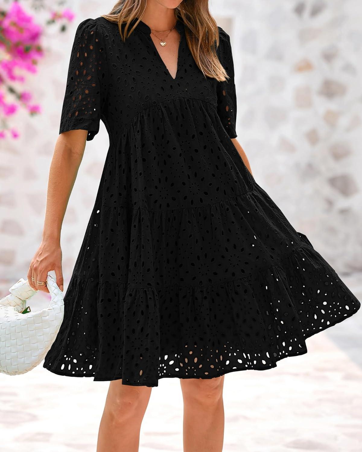 imageBTFBM Womens Boho Summer Dresses 2026 Spring V Neck Short Sleeve Hollow Out Lace Ruffle Casual Beach Mini Vacation DressBlack