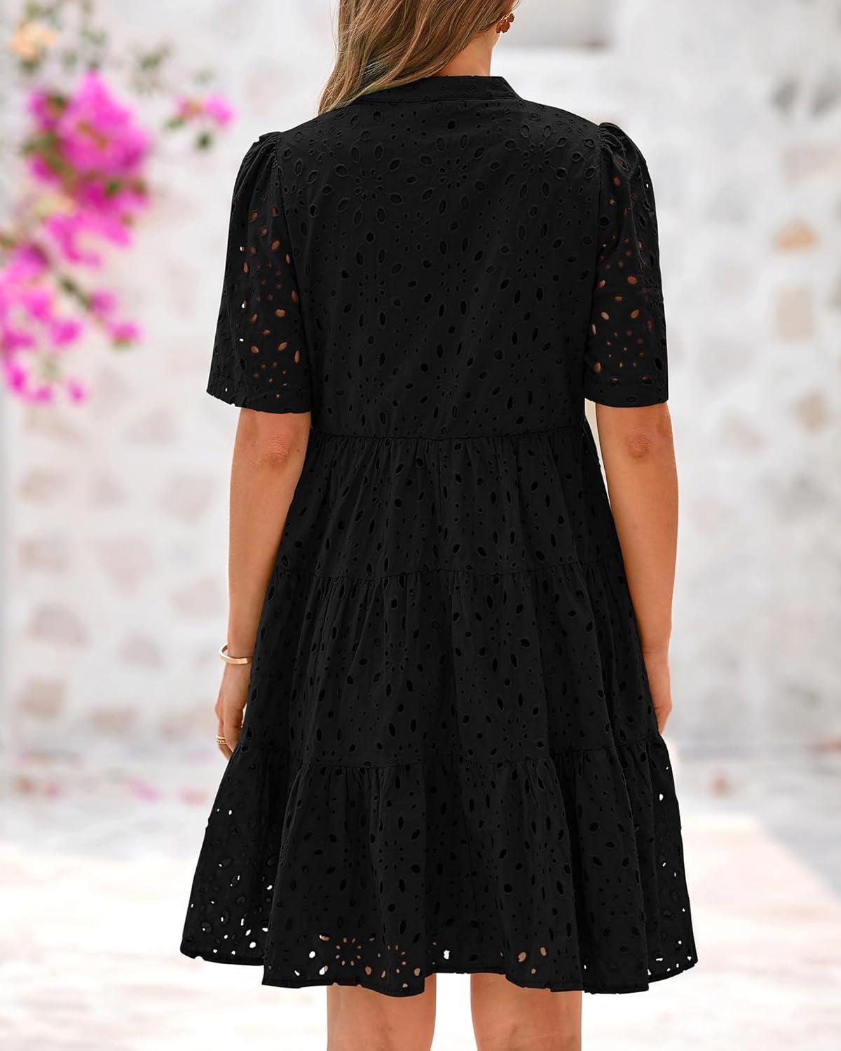 imageBTFBM Womens Boho Summer Dresses 2026 Spring V Neck Short Sleeve Hollow Out Lace Ruffle Casual Beach Mini Vacation DressBlack